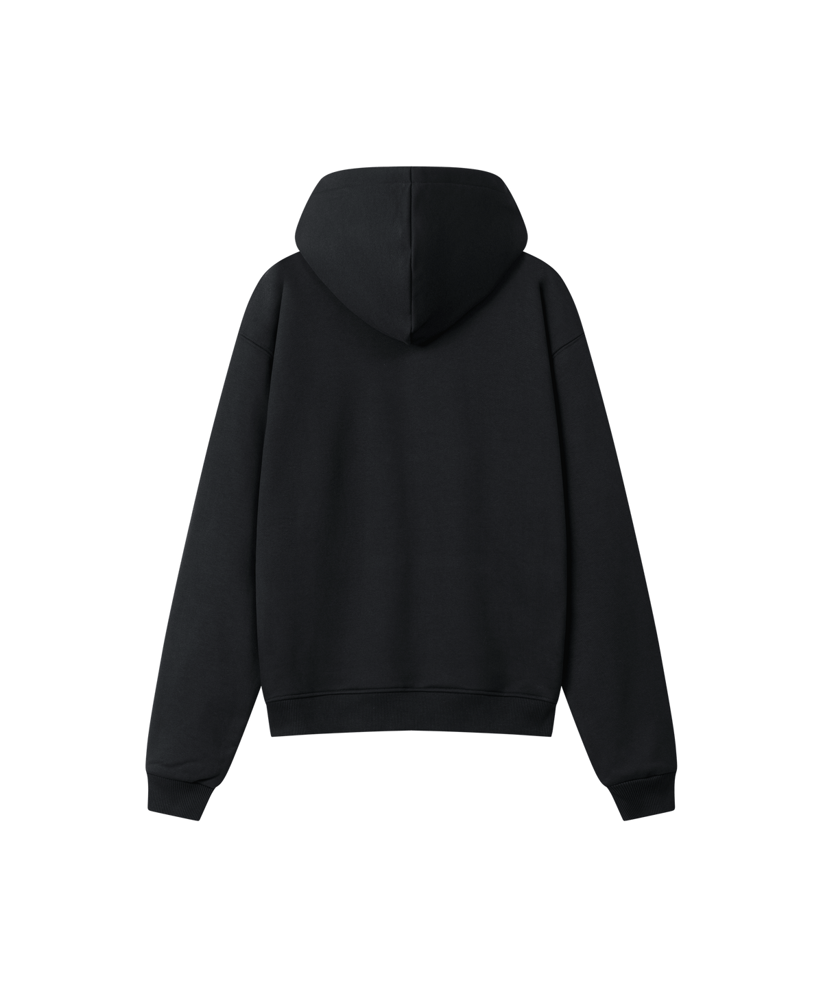 Rückansicht eines Kapuzen-Hoodies in grau für Herren. Das Sweatshirt ist locker geschnitten, es ist kein Aufdruck zu sehen. 