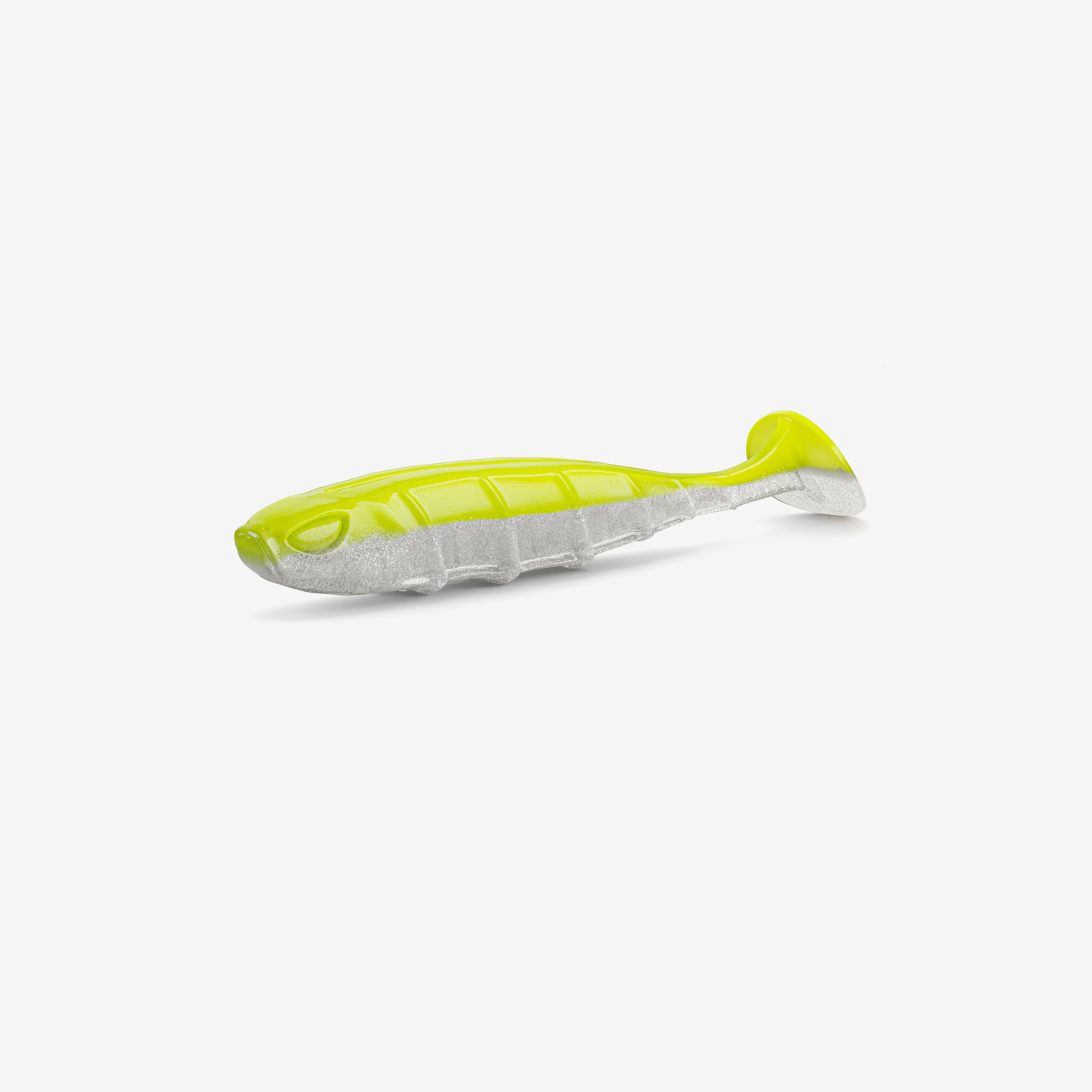 Nays Angel Gummifisch, zweifarbig Neongelb und silber weiß transparent mit Glitzer.