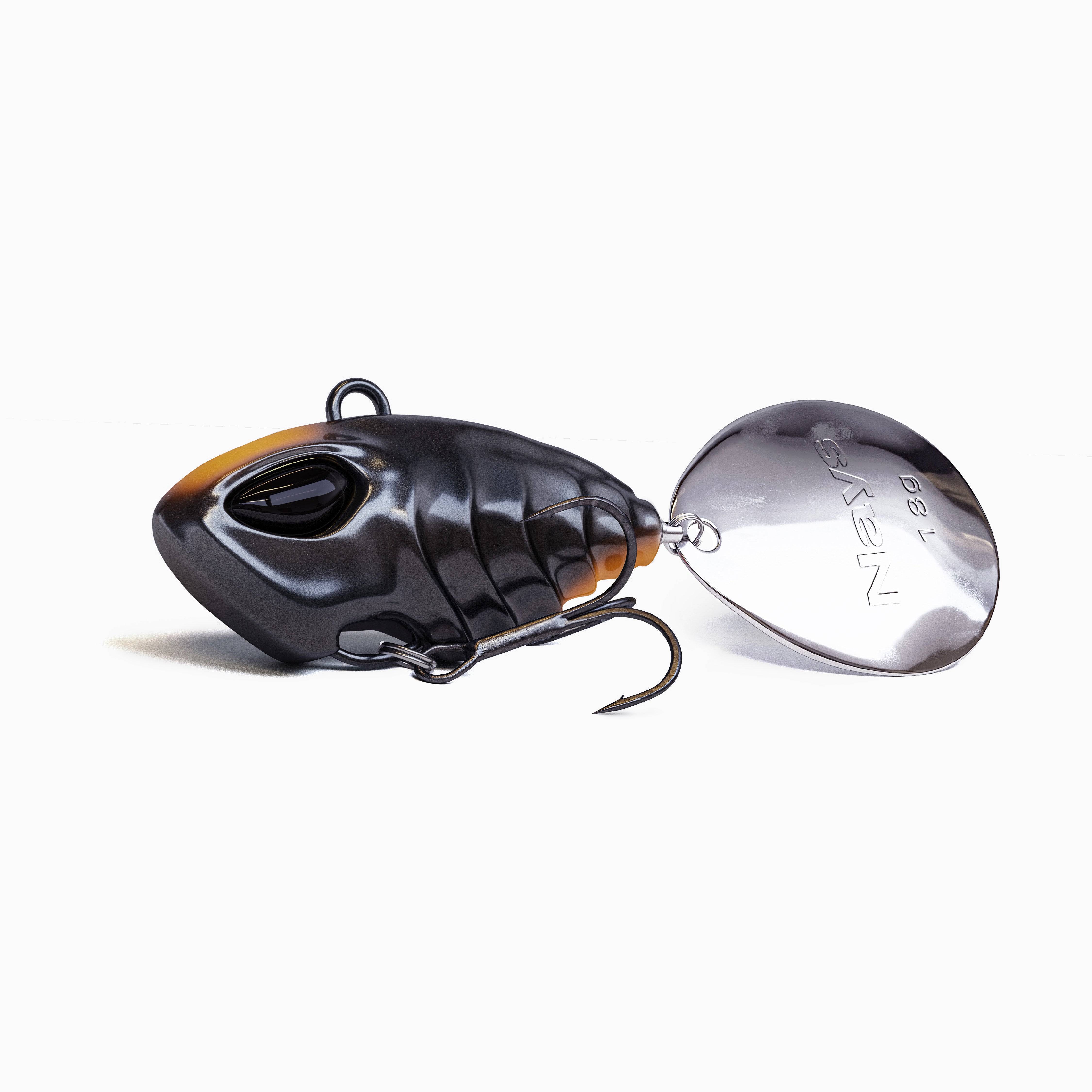 Nays Jig Spinner Köder in Dunkelbraun, schwarz mit Orange, Spinnerblatt in silber.