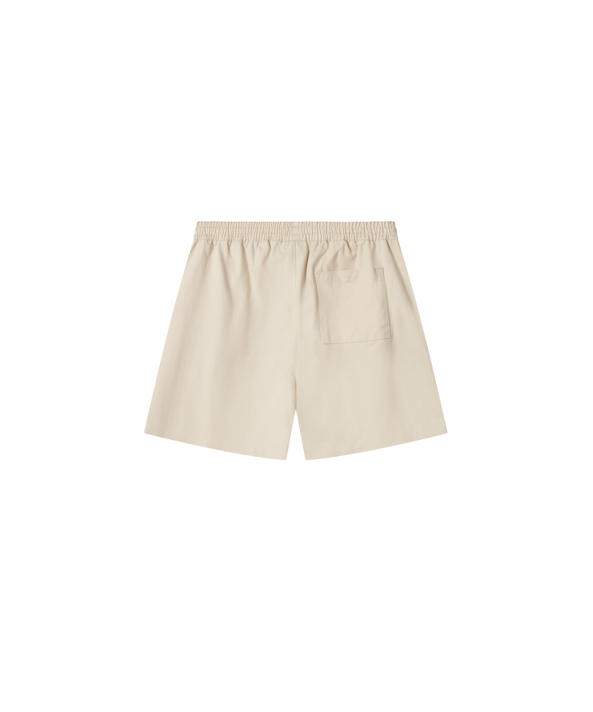 Produktbild einer beige farbigen kurzen Hose von hinten. Zu erkennen ist eine Gesäßtasche auf dem rechten Bein.