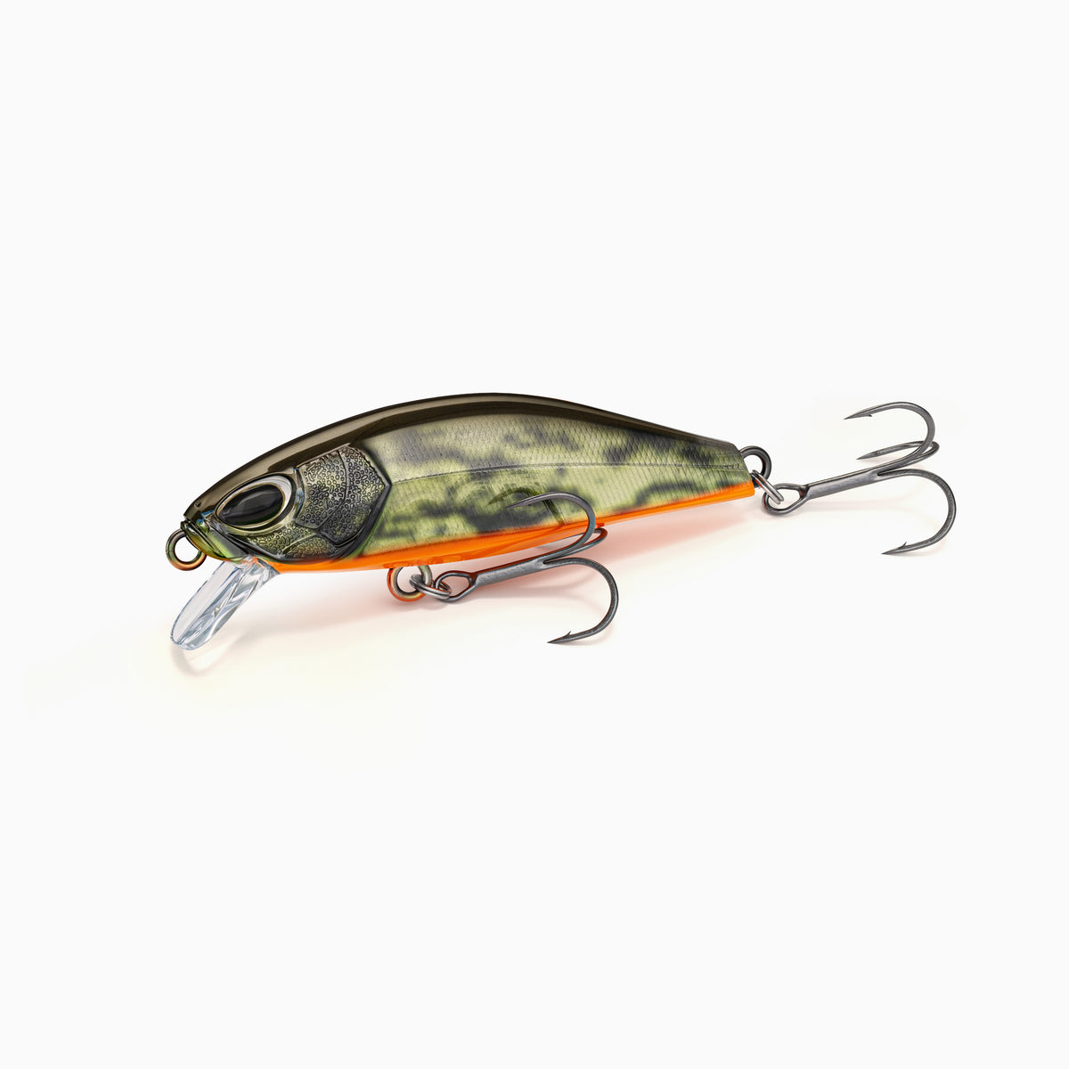 Oliv-Grüne und oranger Minnow Wobbler mit realistischem Augen Design, zwei Drillingen und transparenter Tauchschaufel, ideal zum Angeln auf Barsch und Zander.