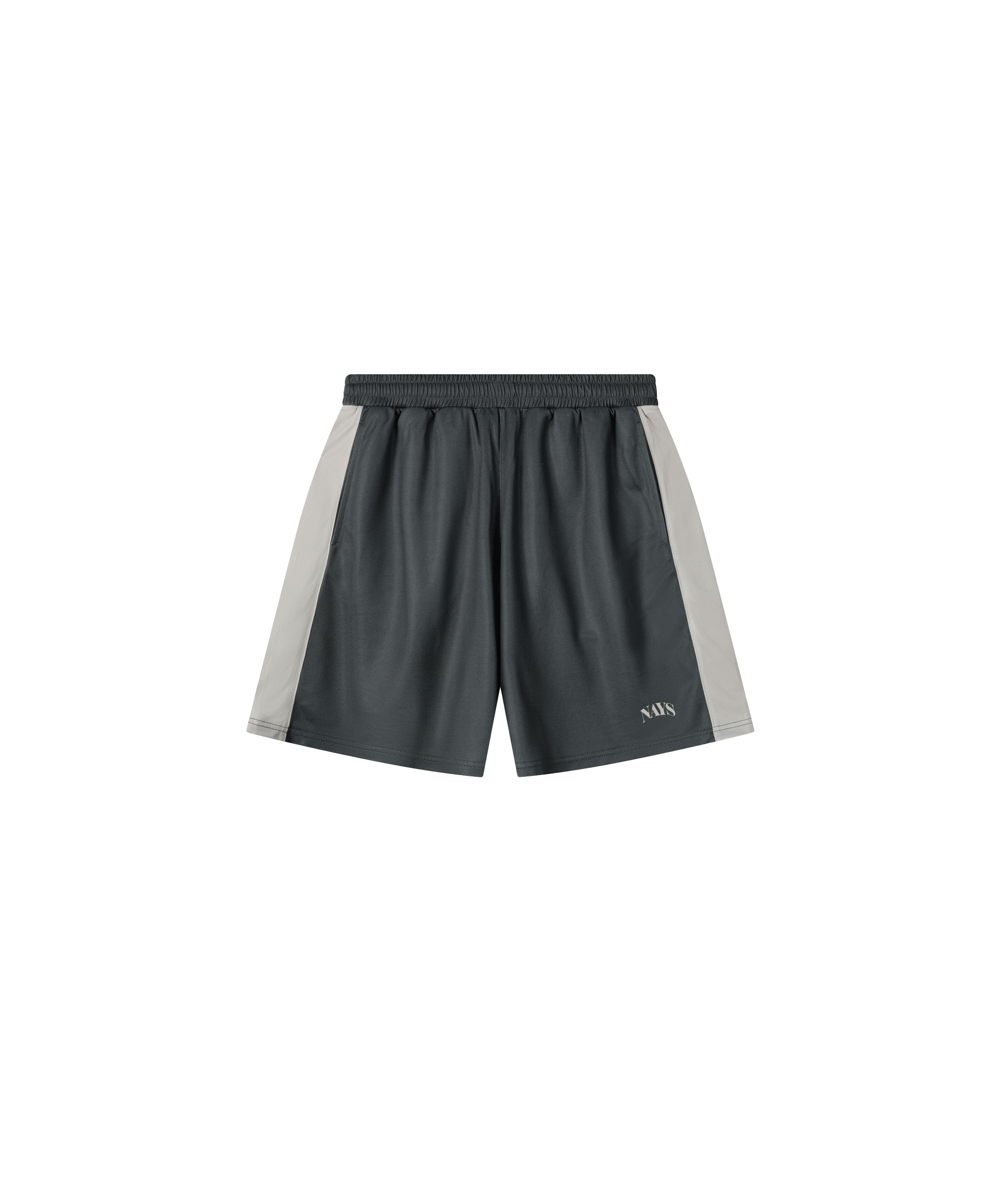 Auf dem Produktbild ist eine sportliche trikot-artige kurze Hose in blau-grau mit weißen Akzenten auf beiden Seiten zu sehen.. Es befindet sich ein dezentes Logo auf dem linken Hosenbein.