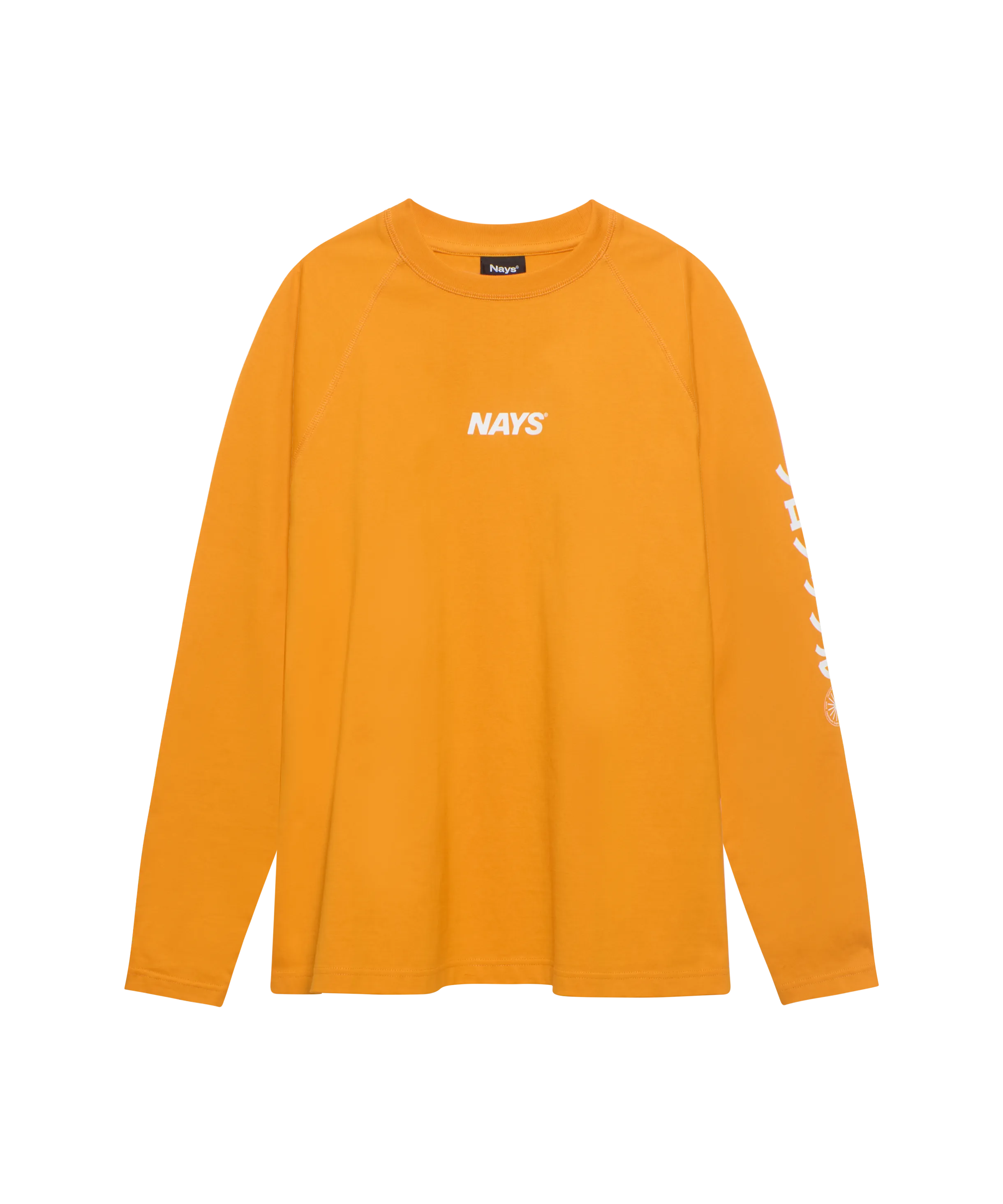 Orange farbiges Langarm-Shirt mit weißem Logo auf der Brust und dem linken Ärmel.