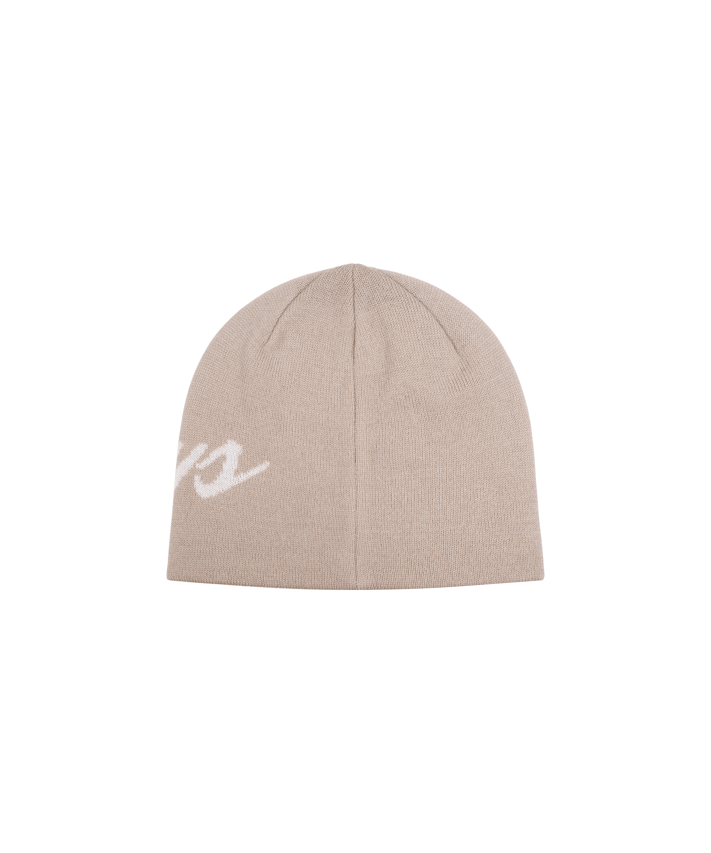 Beige-farbige Strickmütze mit weißem Nays-Logo auf freigestelltem Hintergrund.