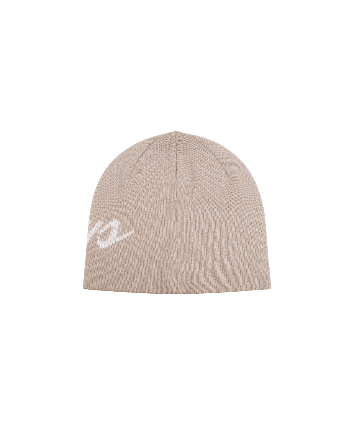 Beige-farbige Strickmütze mit weißem Nays-Logo auf freigestelltem Hintergrund.