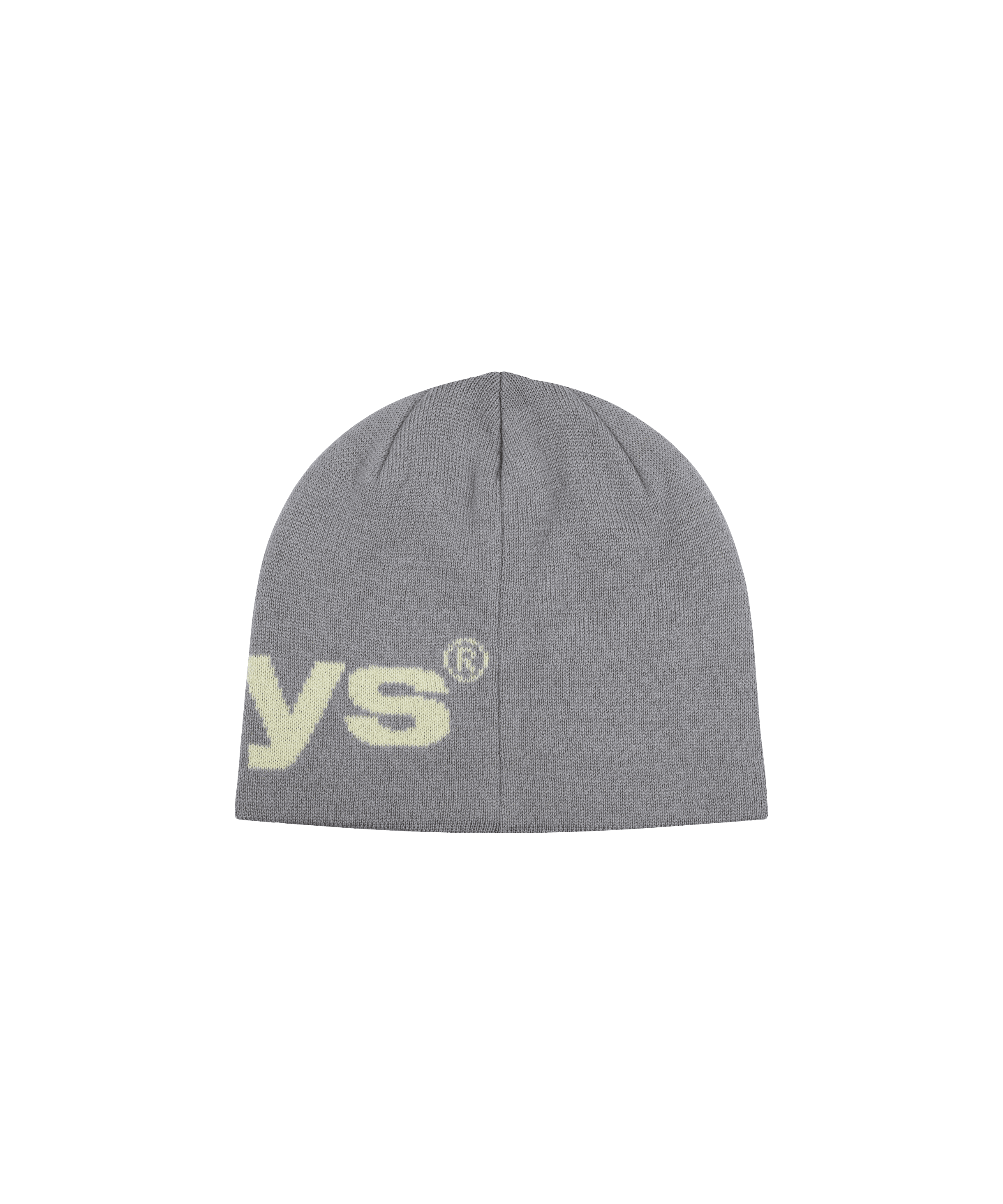 Graue Strickmütze mit beige-farbigem Nays-Logo auf freigestelltem Hintergrund.