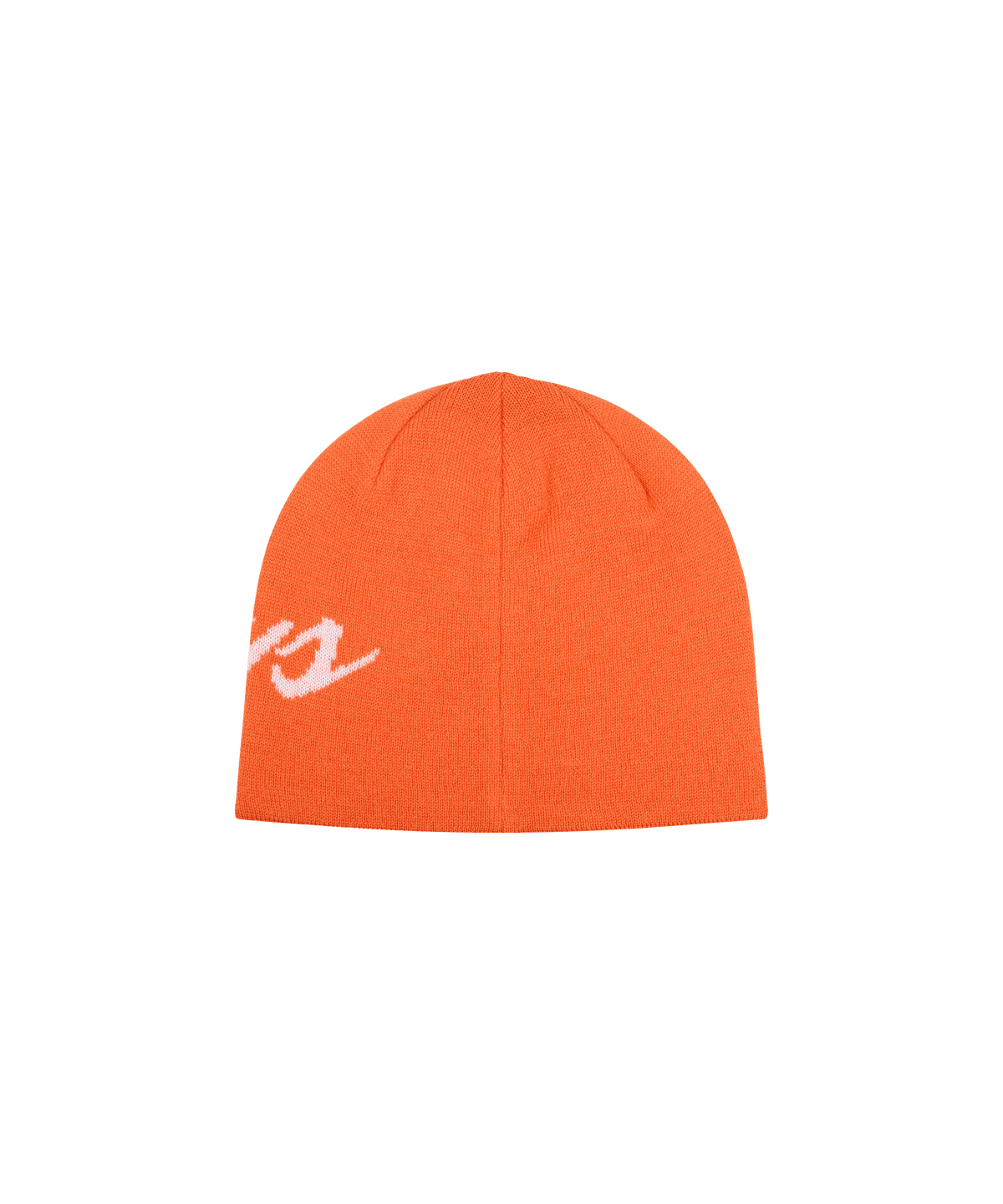 Orange-farbige Strickmütze mit weißem Nays-Logo auf freigestelltem Hintergrund.