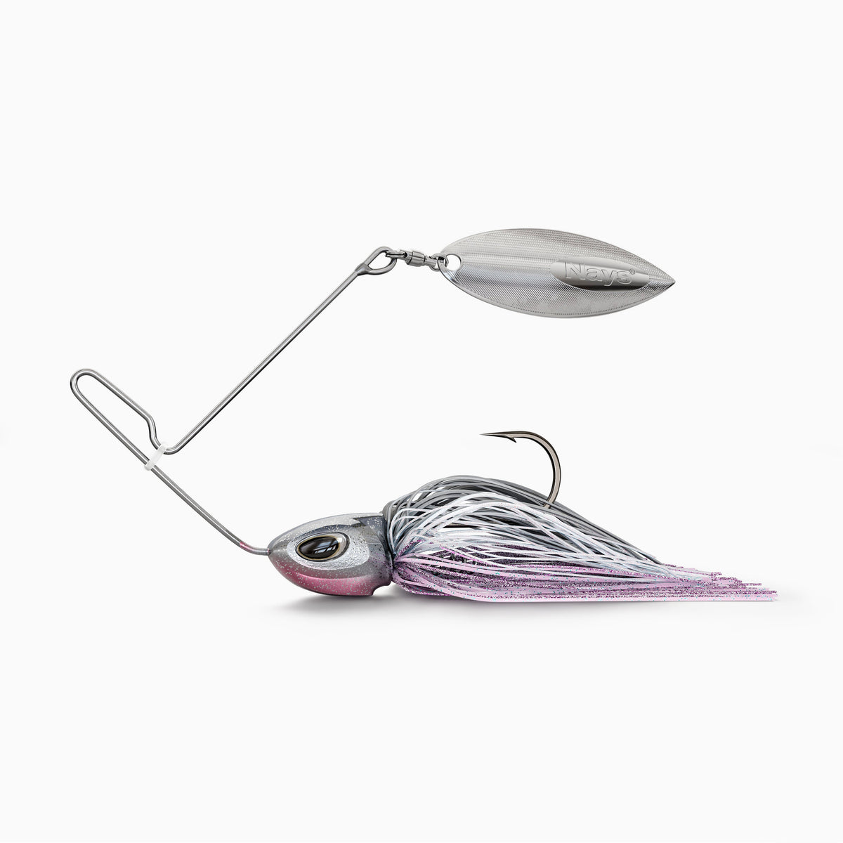 Nays MZRNNR Angelköder mit silbernem Willow-Blade, grauem Kopf mit pinkfarbenem Akzent, BKK Einzel Haken, einer Köder-Spirale zur Befestigung von Trailern und einem Fransen-Kleid in Silber, Schwarz und Pink. Ein vibrations-starker Spinner-Bait-Köder, ideal für Barsch, Hecht und andere Raubfische.