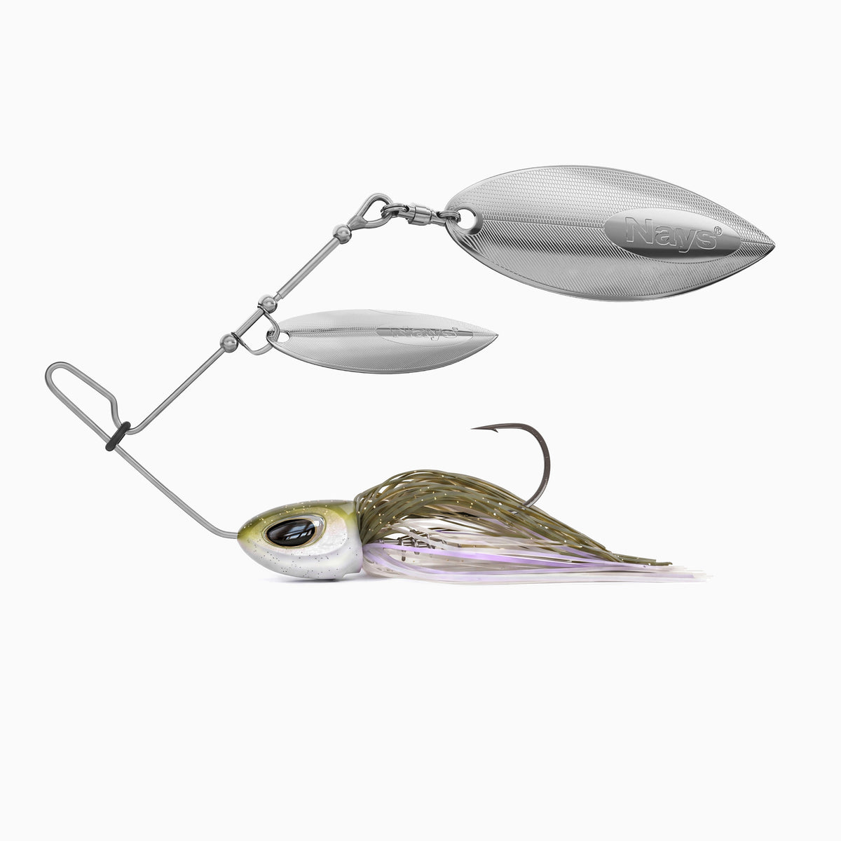 Nays Spinnerbait Angelköder Größe XL in Weiß-Grün-Flieder (Farbcode H10) mit zweifachem, silbernem Spinnerblatt.
