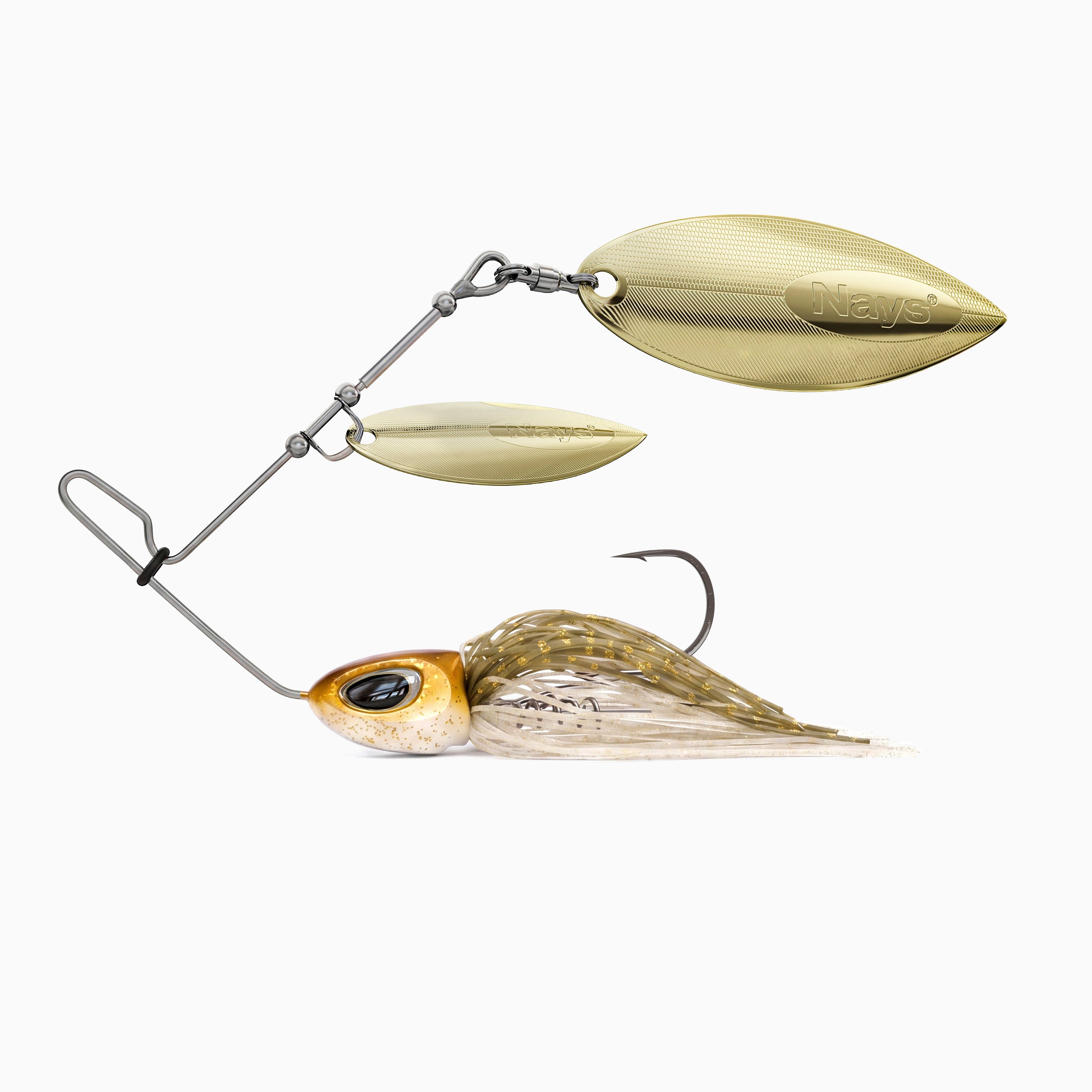 Nays Spinnerbait Angelköder Größe XL in Gold-Braun-Beige (Farbcode H12) mit  zweifachem, goldenem Spinnerblatt.