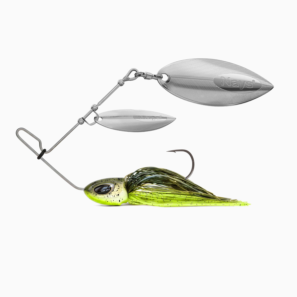 Nays Spinnerbait Angelköder Größe XL in Lime-Green-Olive (Farbcode H13) mit zweifachem, goldenem Spinnerblatt.