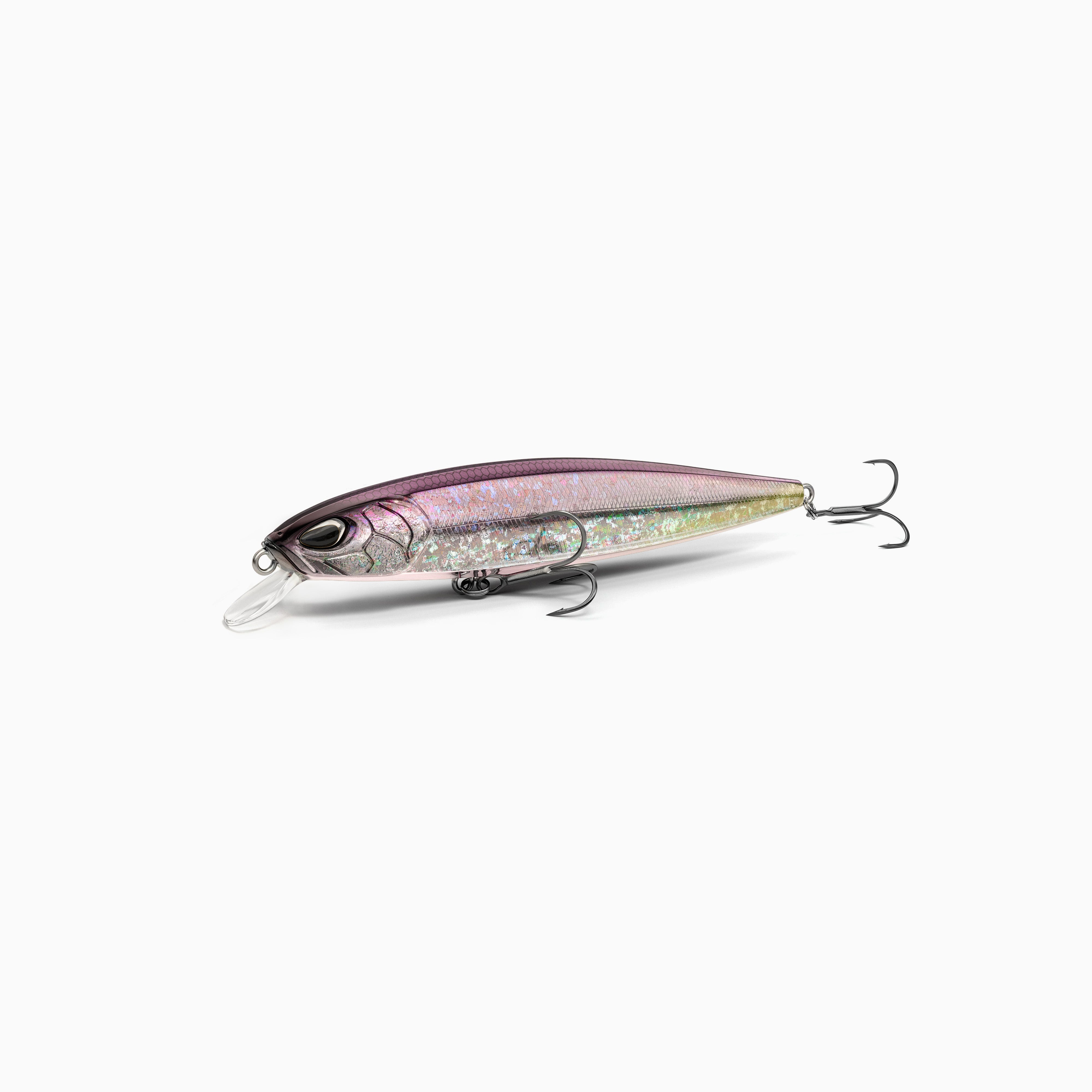 Hochwertiger Nays Wobbler Angelköder mit schlanker Fischform, realistischen 3D-Augen, violett-silberner Metallic-Lackierung und  Schuppen-Struktur, ausgestattet mit kurzer Tauchschaufel und zwei scharfen Drillingshaken, flach-laufend für Hecht, Zander und Barsch.