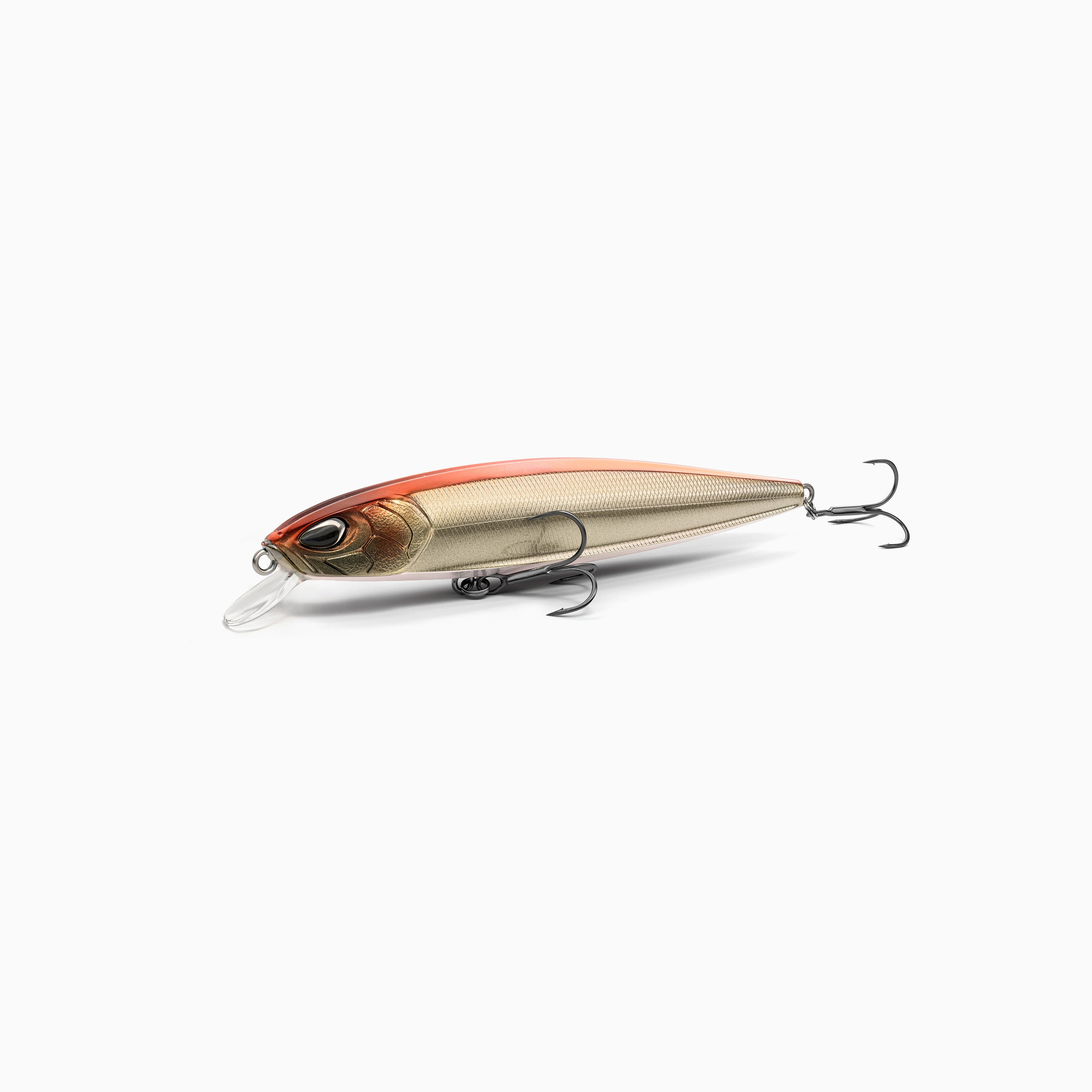 Hochwertiger Nays Wobbler Angelköder mit schlanker Fischform, realistischen 3D-Augen, Kupfer und Bronzetöne Lackierung, Schuppen-Struktur, ausgestattet mit kurzer Tauchschaufel und zwei scharfen Drillingshaken, flach-laufend für Hecht, Zander und Barsch.