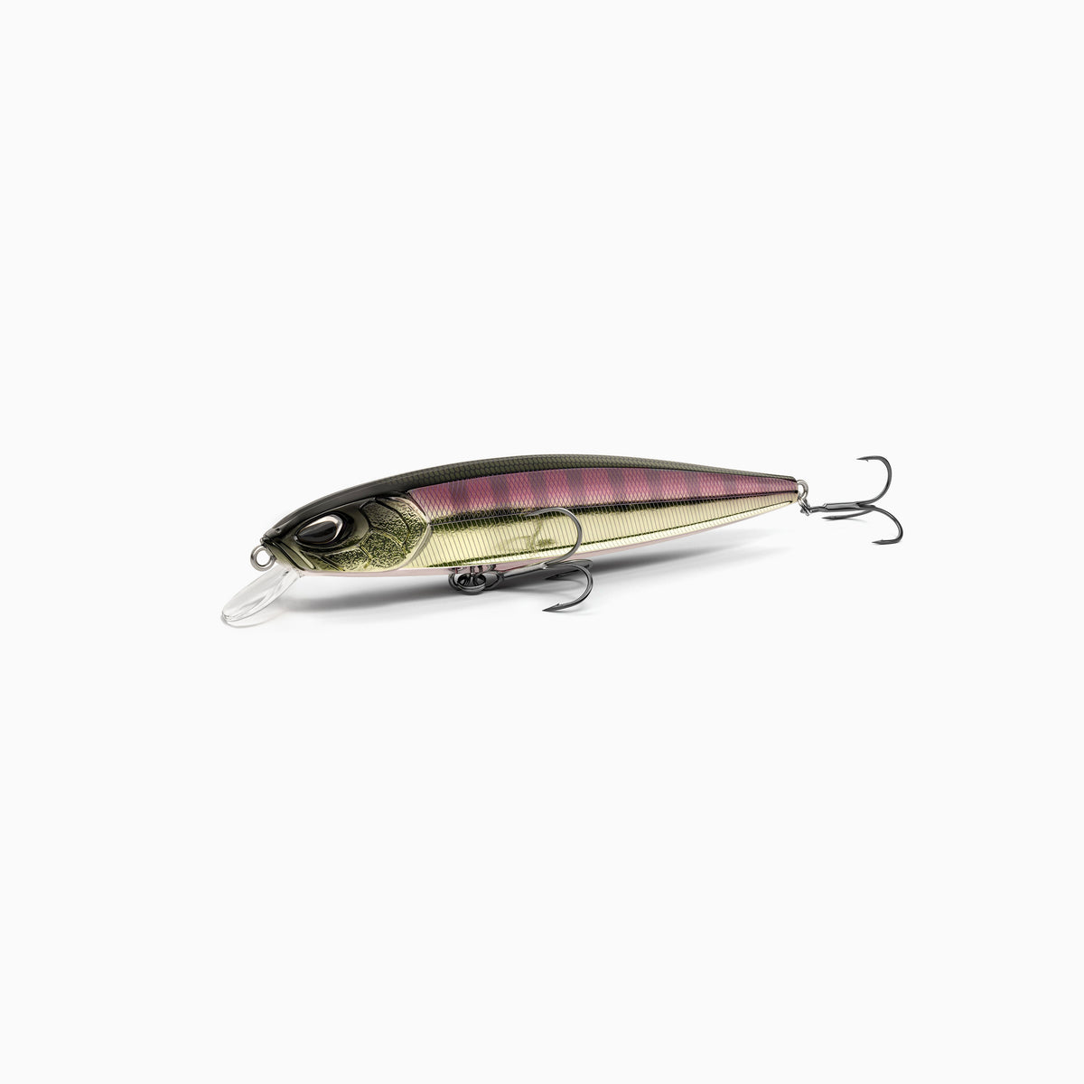 Hochwertiger Nays Wobbler Angelköder mit schlanker Fischform, realistischen 3D-Augen, Farbverlauf von dunklen gold-braun am Rücken mit einem schimmernden rot-violett darüber und dezenten Streifen, gold-gelbe Seiten und ein goldener Bauch, Schuppen-Struktur, ausgestattet mit kurzer Tauchschaufel und zwei scharfen Drillingshaken, flach-laufend für Hecht, Zander und Barsch.