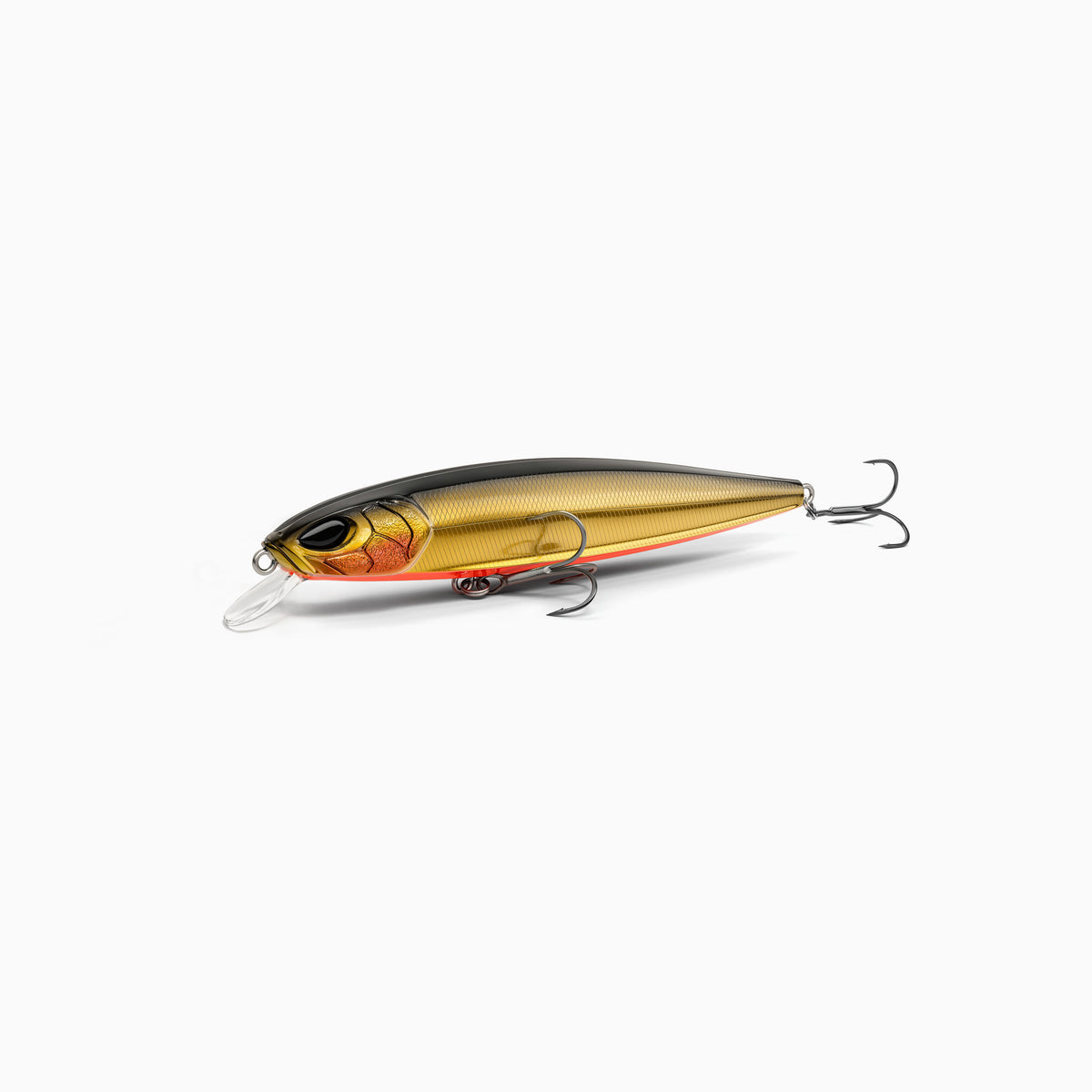 Hochwertiger Nays Wobbler Angelköder mit schlanker Fischform, realistischen 3D-Augen, Farbverlauf vom schwarzen Rücken, der zu einem satten Gold an den Seiten übergeht, mit einem leuchtend orange-farbenen Bauchstreifen, Schuppen-Struktur, ausgestattet mit kurzer Tauchschaufel und zwei scharfen Drillingshaken, flach-laufend für Hecht, Zander und Barsch.