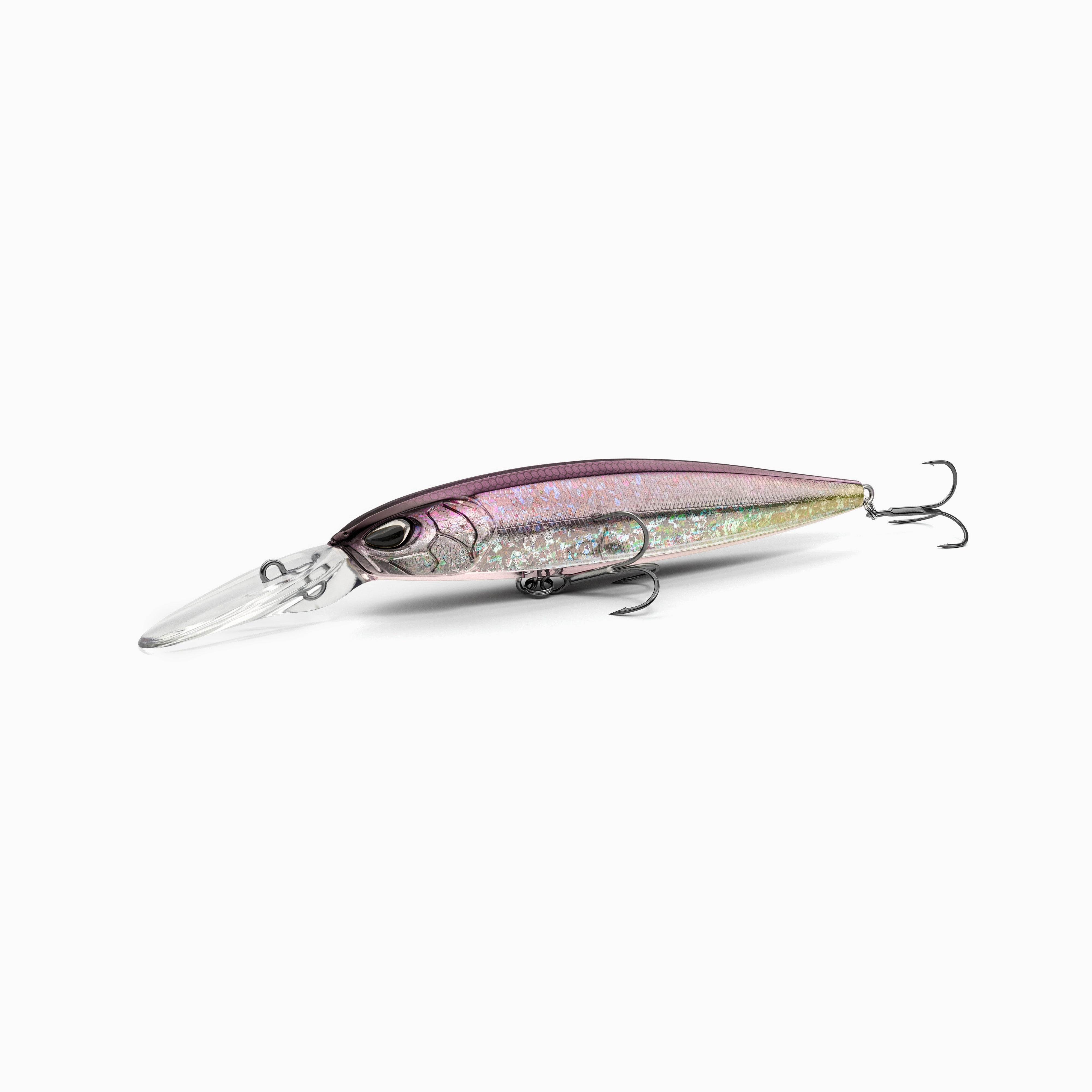Hochwertiger Nays Wobbler Angelköder mit schlanker Fischform, realistischen 3D-Augen, violett-silberner Metallic-Lackierung und  Schuppen-Struktur, ausgestattet mit mittel-langer Tauchschaufel und zwei scharfen Drillingshaken, mittel-tief-laufend für Hecht, Zander und Barsch.