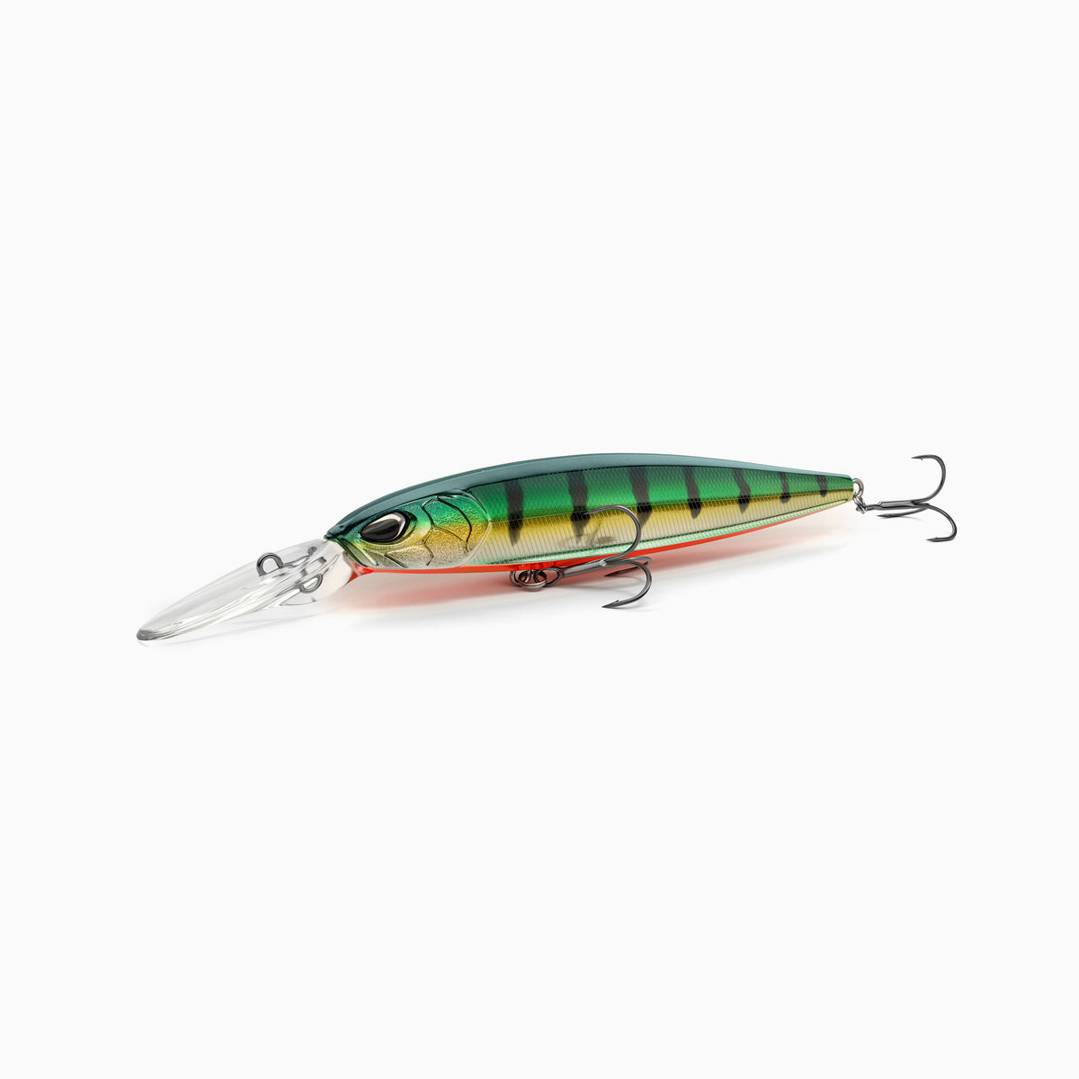 Hochwertiger Nays Wobbler Angelköder mit schlanker Fischform, realistischen 3D-Augen, greller Fire-Tiger Lackierung mit schwarzen Streifen und rotem Bauch, Schuppen-Struktur, ausgestattet mit mittel-langer Tauchschaufel und zwei scharfen Drillingshaken, mittel-tief-laufend für Hecht, Zander und Barsch.