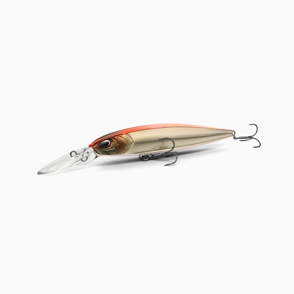 Hochwertiger Nays Wobbler Angelköder mit schlanker Fischform, realistischen 3D-Augen, Kupfer und Bronzetöne Lackierung, Schuppen-Struktur, ausgestattet mit mittel-langer Tauchschaufel und zwei scharfen Drillingshaken, mittel-tief-laufend für Hecht, Zander und Barsch.