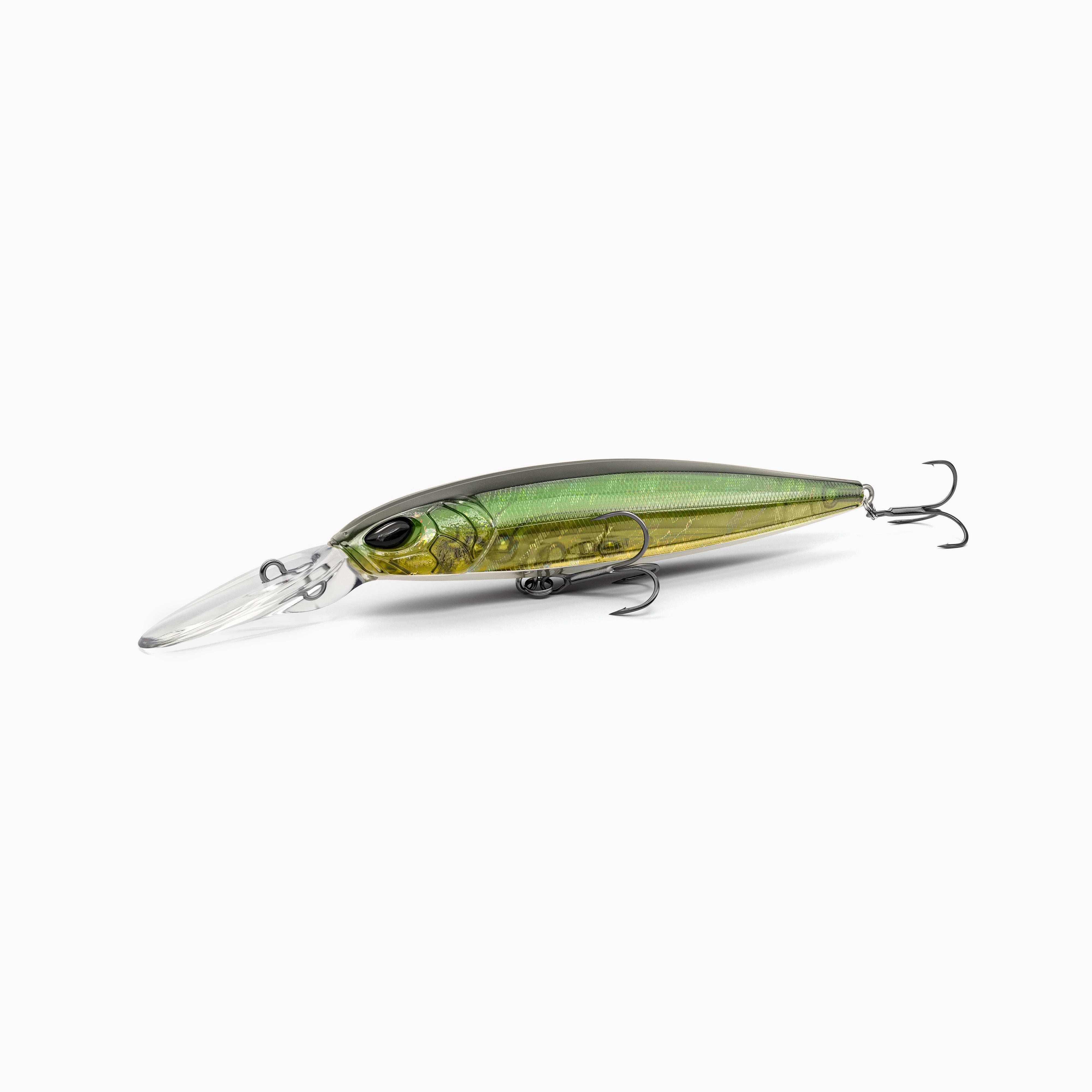 Hochwertiger Nays Wobbler Angelköder mit schlanker Fischform, realistischen 3D-Augen, semi-transparente Lackierung in natürlichen Grün und grün-gelb Tönen, Schuppen-Struktur, ausgestattet mit mittel-langer Tauchschaufel und zwei scharfen Drillingshaken, mittel-tief-laufend für Hecht, Zander und Barsch.