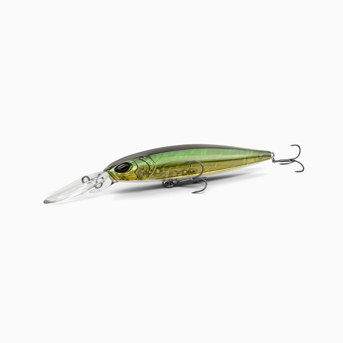 Hochwertiger Nays Wobbler Angelköder mit schlanker Fischform, realistischen 3D-Augen, semi-transparente Lackierung in natürlichen Grün und grün-gelb Tönen, Schuppen-Struktur, ausgestattet mit mittel-langer Tauchschaufel und zwei scharfen Drillingshaken, mittel-tief-laufend für Hecht, Zander und Barsch.