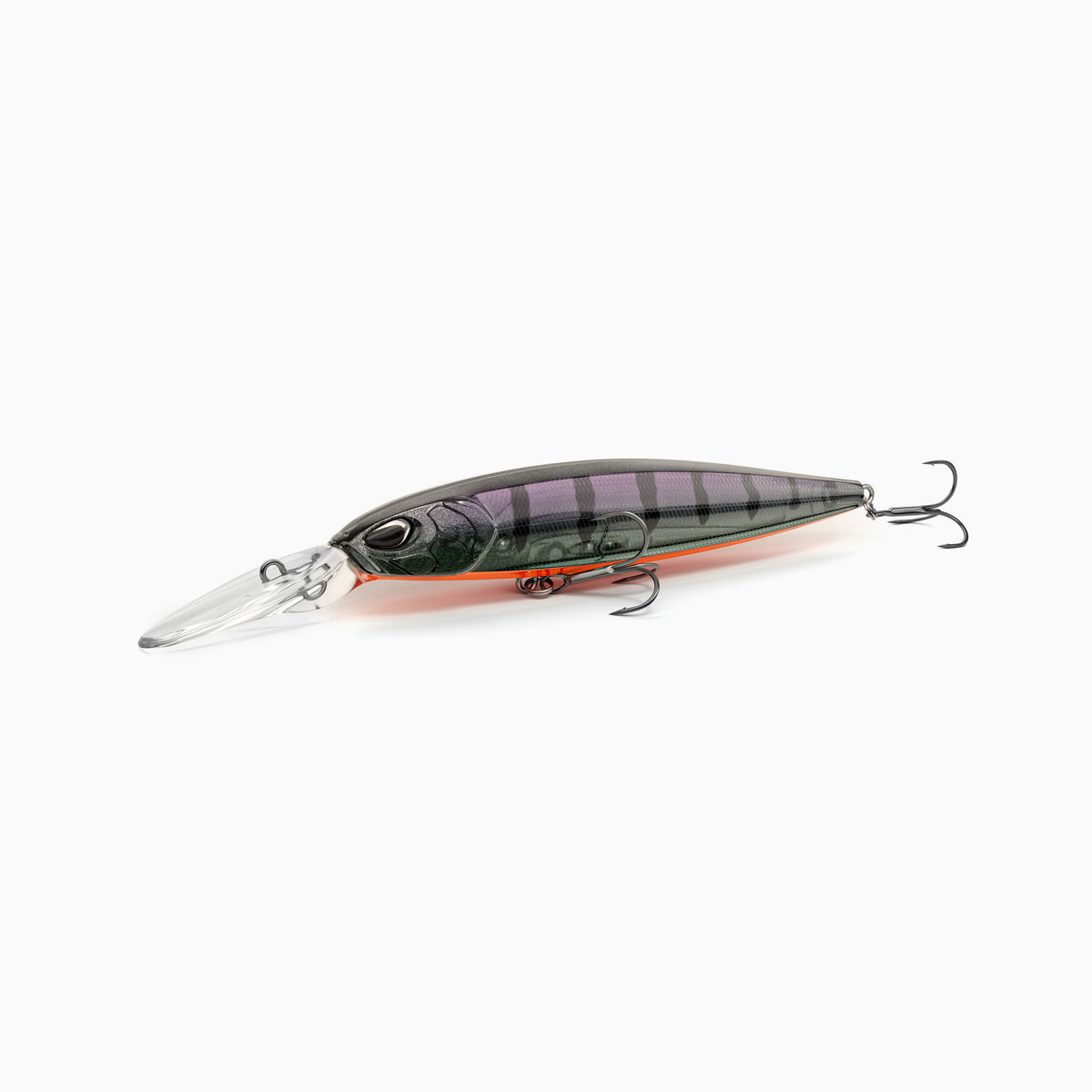 Hochwertiger Nays Wobbler Angelköder mit schlanker Fischform, realistischen 3D-Augen, semi-transparente Lackierung im dezenten violett-schwarz Tönen und orange-rotem Bauch, Schuppen-Struktur, ausgestattet mit mittel-langer Tauchschaufel und zwei scharfen Drillingshaken, mittel-tief-laufend für Hecht, Zander und Barsch.