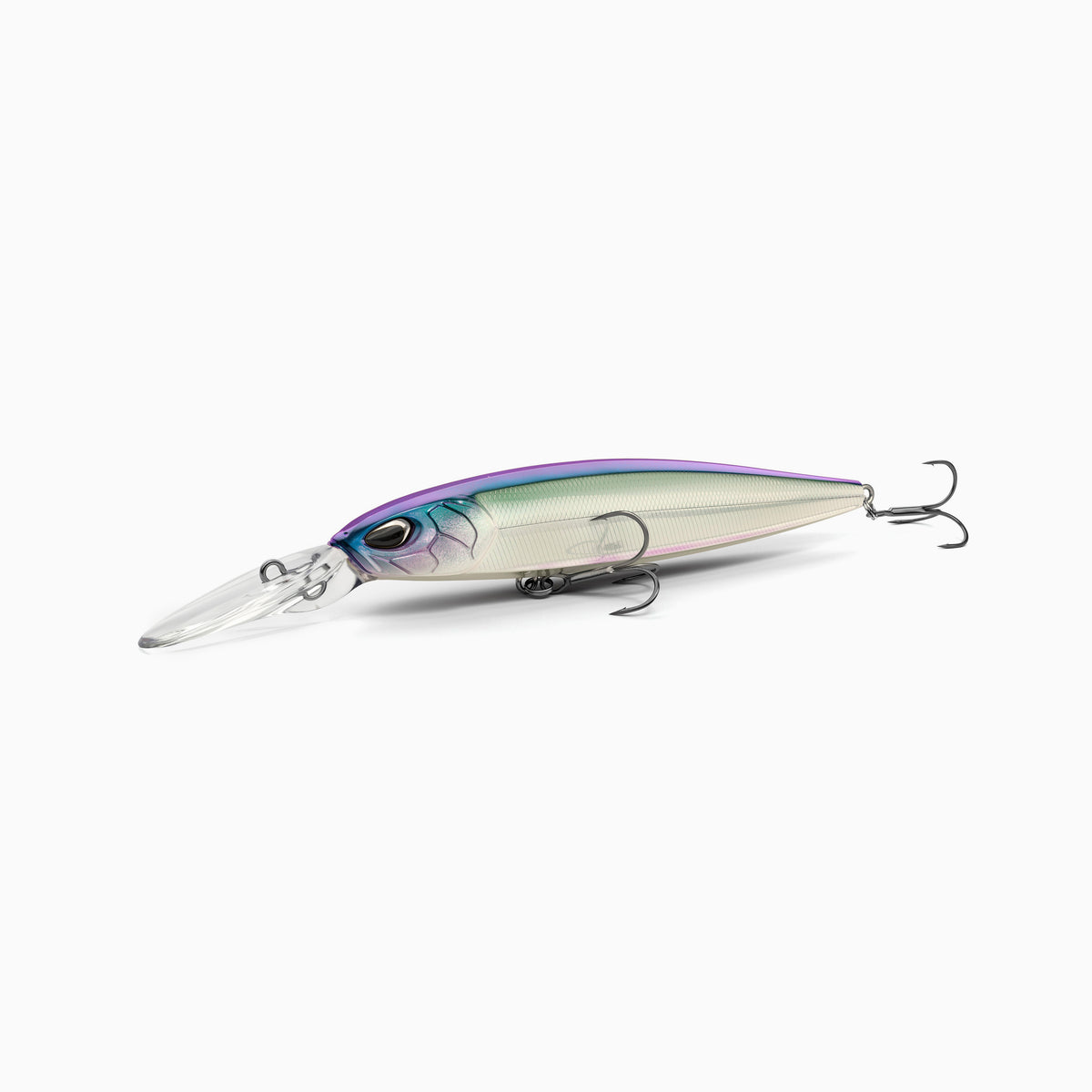 Hochwertiger Nays Wobbler Angelköder mit schlanker Fischform, realistischen 3D-Augen, Farbverlauf von Violett am Rücken über ein schimmerndes Blaugrün zu einem hellen Perlmutt an den Seiten und am Bauch, Schuppen-Struktur, ausgestattet mit mittel-langer Tauchschaufel und zwei scharfen Drillingshaken, mittel-tief-laufend für Hecht, Zander und Barsch.