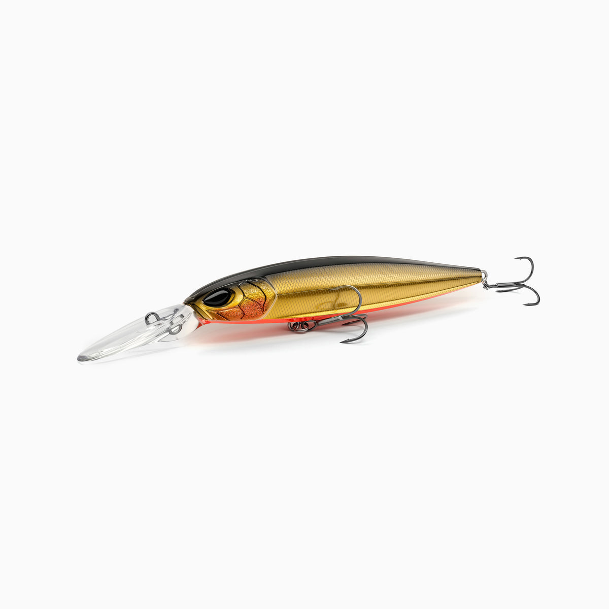 Hochwertiger Nays Wobbler Angelköder mit schlanker Fischform, realistischen 3D-Augen, Farbverlauf vom schwarzen Rücken, der zu einem satten Gold an den Seiten übergeht, mit einem leuchtend orange-farbenen Bauchstreifen, Schuppen-Struktur, ausgestattet mit mittel-langer Tauchschaufel und zwei scharfen Drillingshaken, mittel-tief-laufend für Hecht, Zander und Barsch.