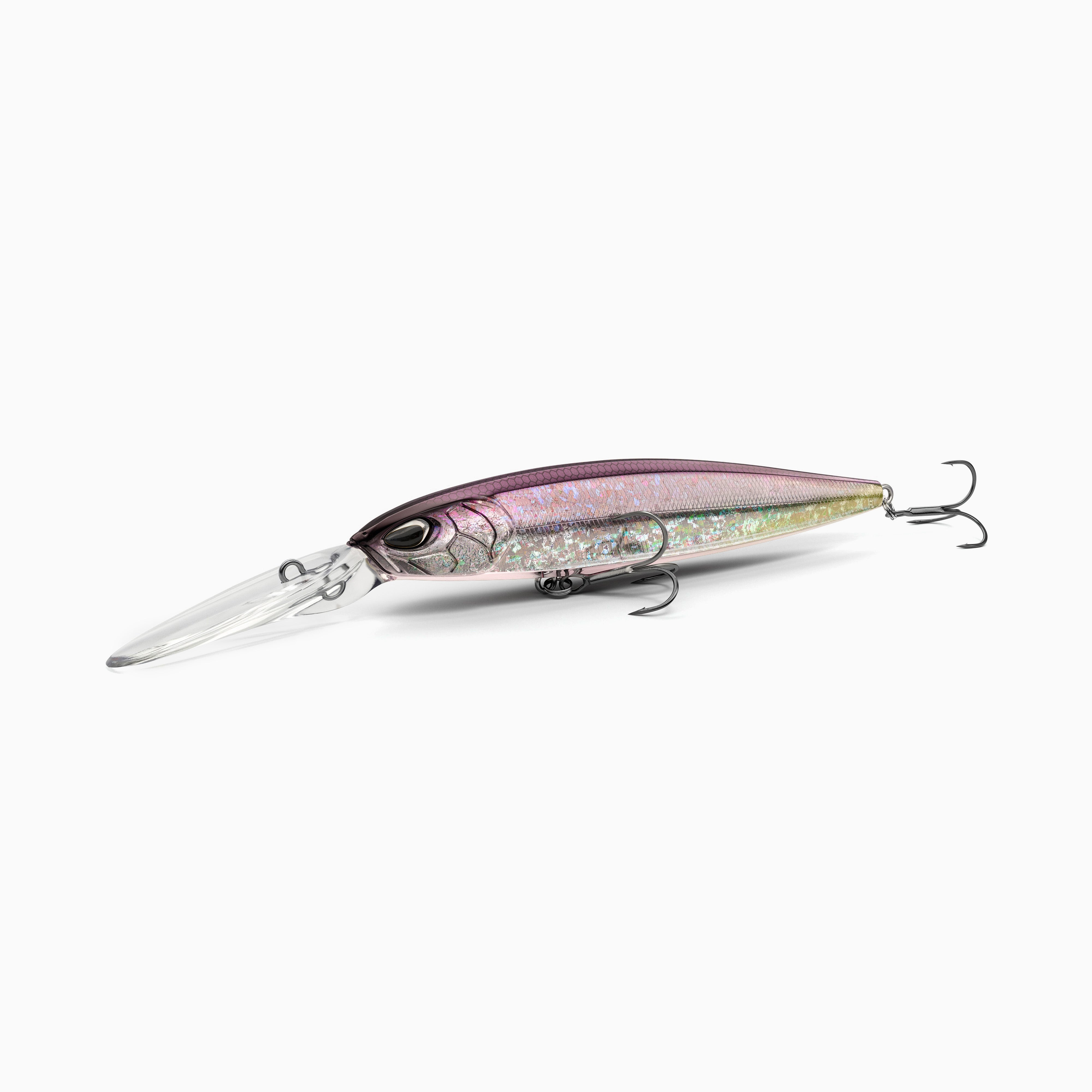 Hochwertiger Nays Wobbler Angelköder mit schlanker Fischform, realistischen 3D-Augen, violett-silberner Metallic-Lackierung und  Schuppen-Struktur, ausgestattet mit langer Tauchschaufel und zwei scharfen Drillingshaken, tief-laufend für Hecht, Zander und Barsch.
