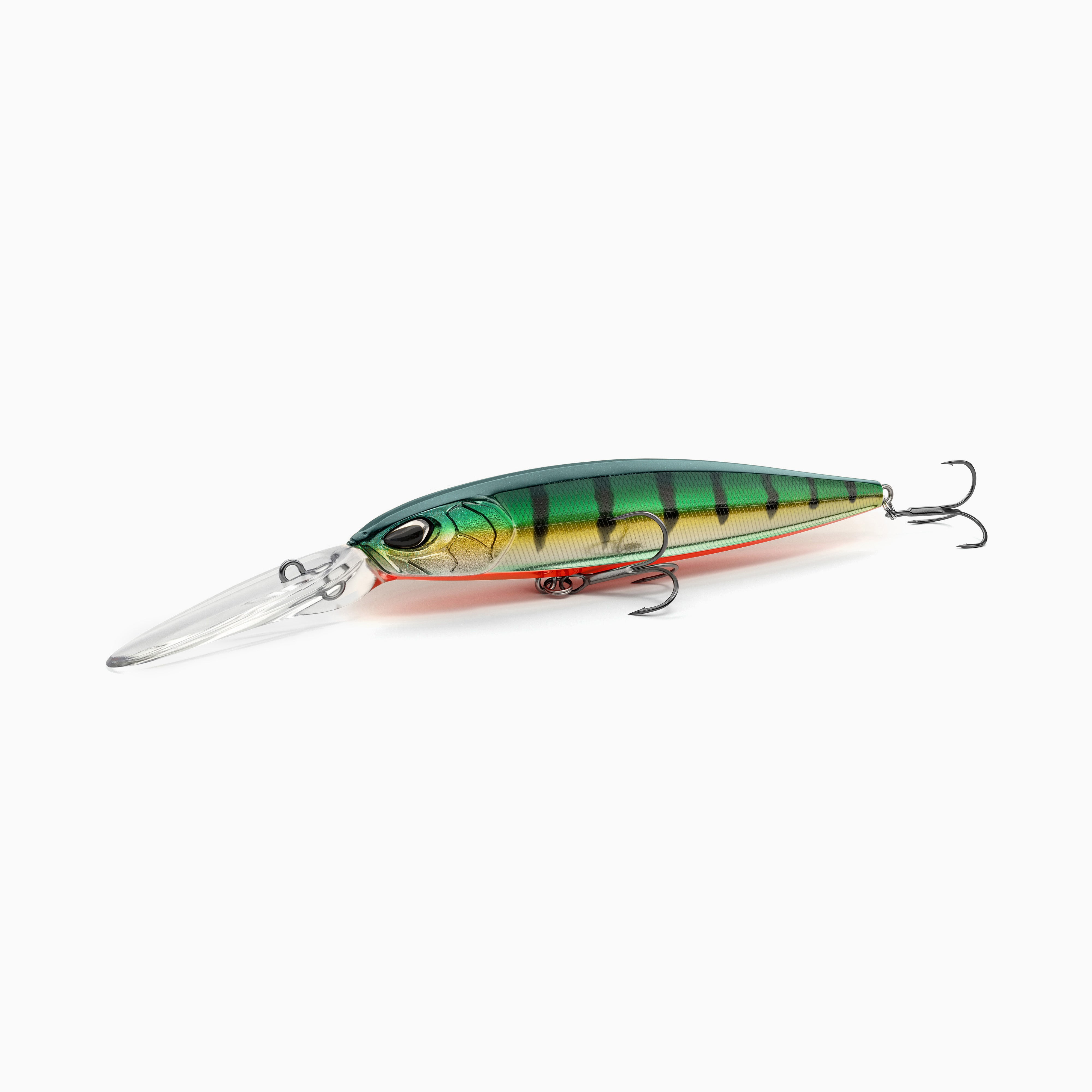 Hochwertiger Nays Wobbler Angelköder mit schlanker Fischform, realistischen 3D-Augen, greller Fire-Tiger Lackierung mit schwarzen Streifen und rotem Bauch, Schuppen-Struktur, ausgestattet mit langer Tauchschaufel und zwei scharfen Drillingshaken, tief-laufend für Hecht, Zander und Barsch.