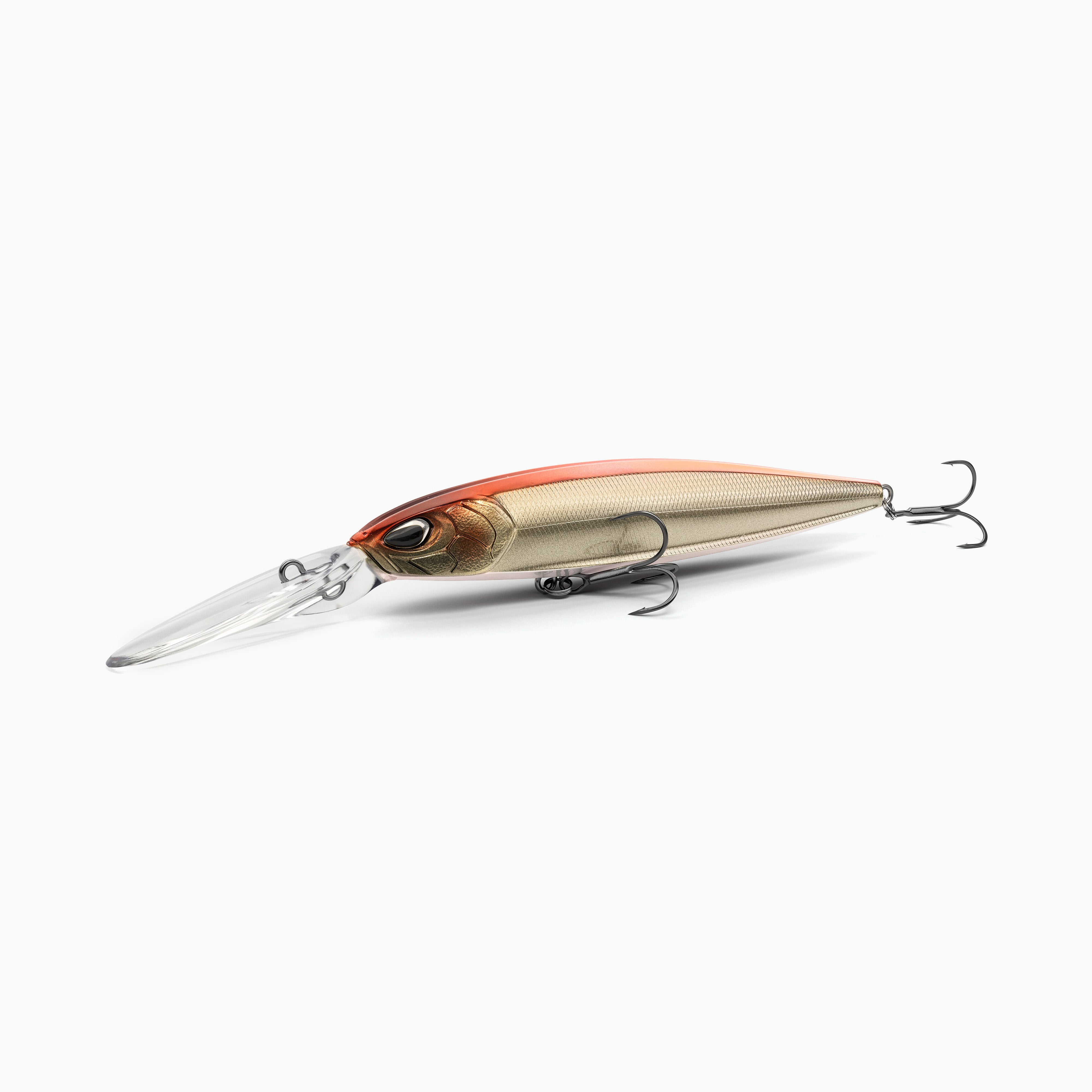 Hochwertiger Nays Wobbler Angelköder mit schlanker Fischform, realistischen 3D-Augen, Kupfer und Bronzetöne Lackierung, Schuppen-Struktur, ausgestattet mit langer Tauchschaufel und zwei scharfen Drillingshaken, tief-laufend für Hecht, Zander und Barsch.
