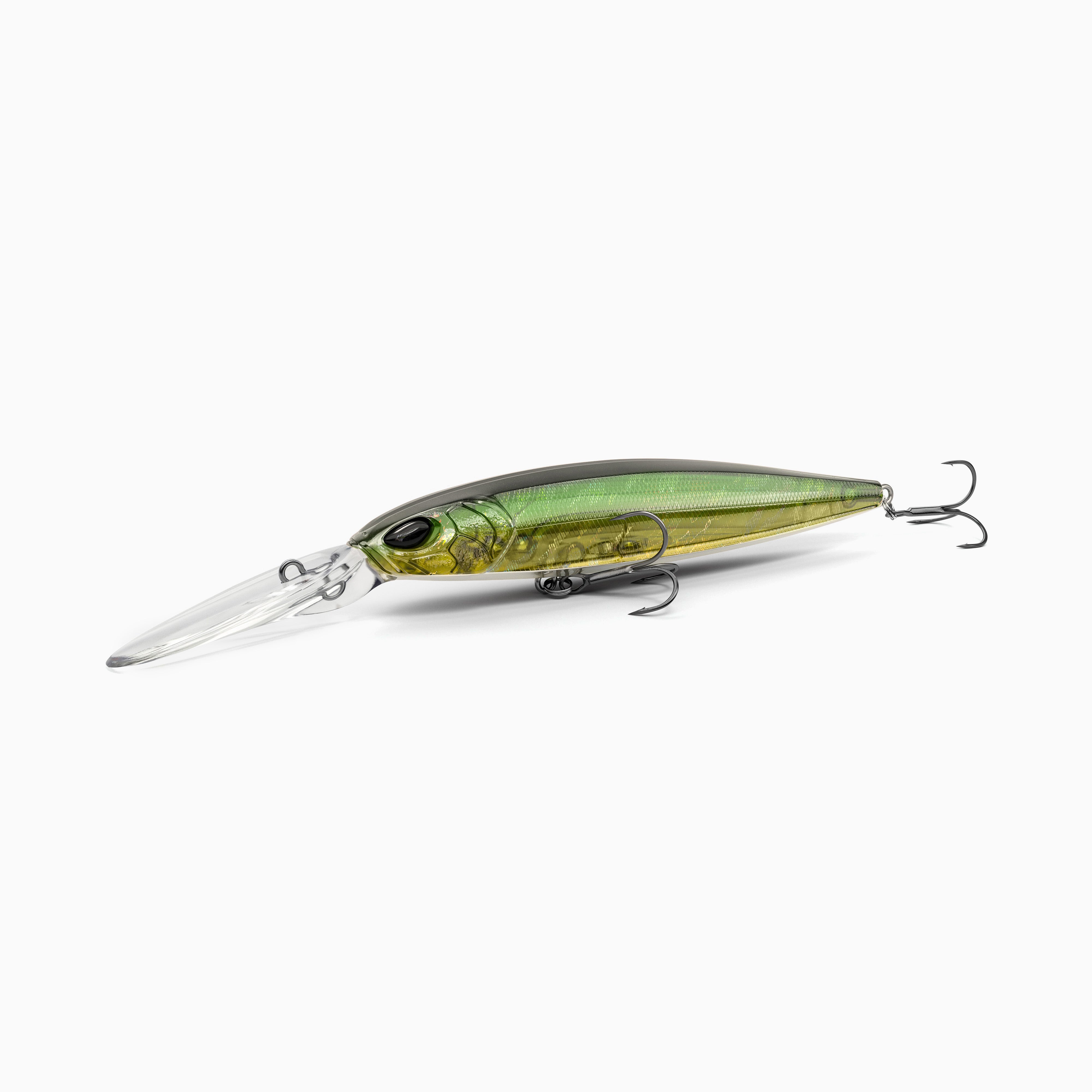 Hochwertiger Nays Wobbler Angelköder mit schlanker Fischform, realistischen 3D-Augen, semi-transparente Lackierung in natürlichen Grün und grün-gelb Tönen, Schuppen-Struktur, ausgestattet mit langer Tauchschaufel und zwei scharfen Drillingshaken, tief-laufend für Hecht, Zander und Barsch.