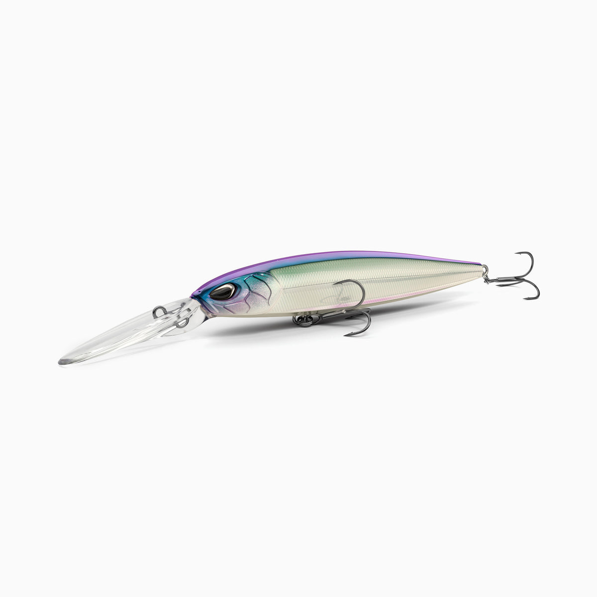 Hochwertiger Nays Wobbler Angelköder mit schlanker Fischform, realistischen 3D-Augen, Farbverlauf von Violett am Rücken über ein schimmerndes Blaugrün zu einem hellen Perlmutt an den Seiten und am Bauch, Schuppen-Struktur, ausgestattet mit langer Tauchschaufel und zwei scharfen Drillingshaken, tief-laufend für Hecht, Zander und Barsch.
