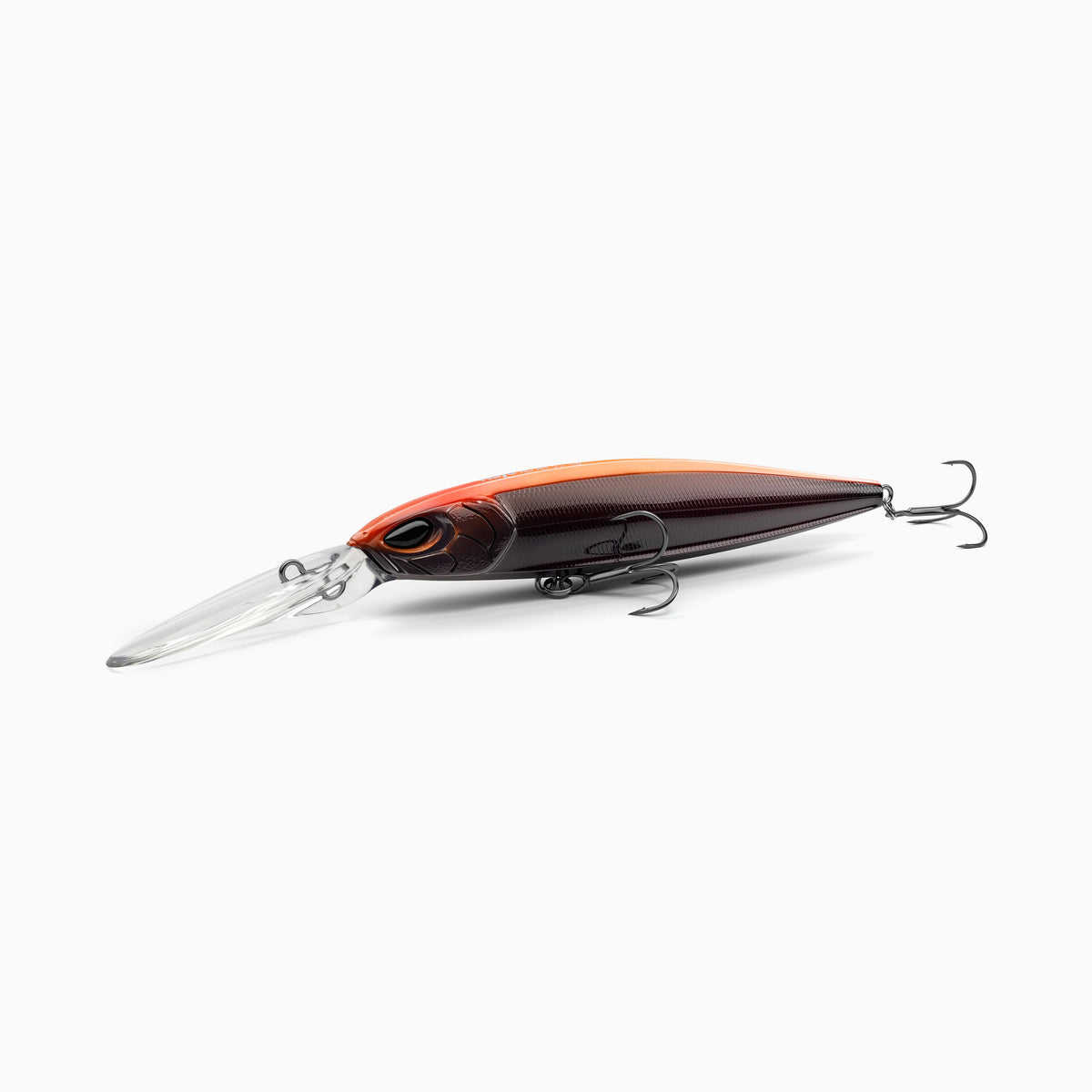 Hochwertiger Nays Wobbler Angelköder mit schlanker Fischform, realistischen 3D-Augen, Farbverlauf von leuchtendem Orange am Rücken zu einem tiefen, glänzenden braun-schwarz am hinteren Rücken,den Seiten und dem Bauch, Schuppen-Struktur, ausgestattet mit langer Tauchschaufel und zwei scharfen Drillingshaken, tief-laufend für Hecht, Zander und Barsch.