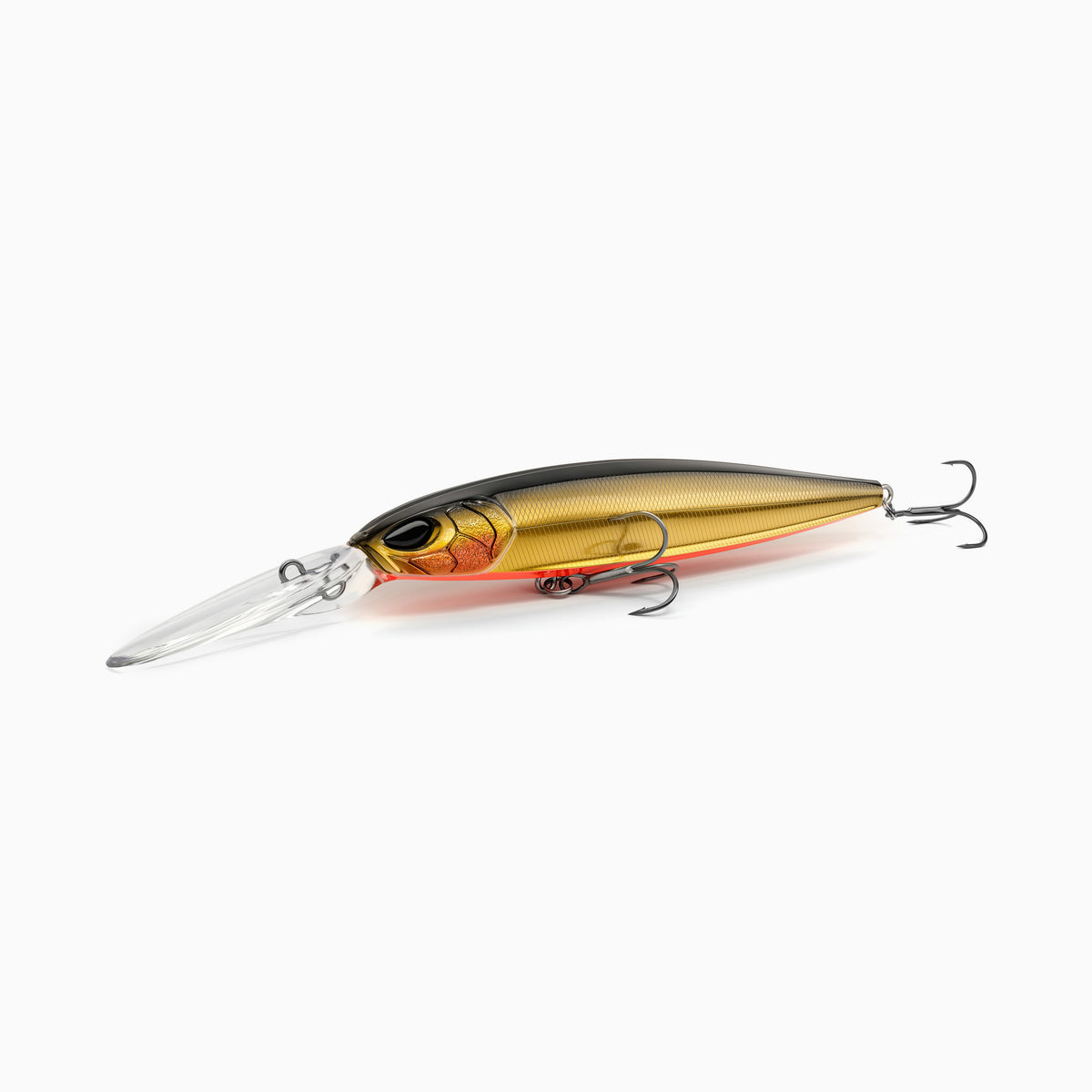 Hochwertiger Nays Wobbler Angelköder mit schlanker Fischform, realistischen 3D-Augen, Farbverlauf vom schwarzen Rücken, der zu einem satten Gold an den Seiten übergeht, mit einem leuchtend orange-farbenen Bauchstreifen, Schuppen-Struktur, ausgestattet mit langer Tauchschaufel und zwei scharfen Drillingshaken, tief-laufend für Hecht, Zander und Barsch.