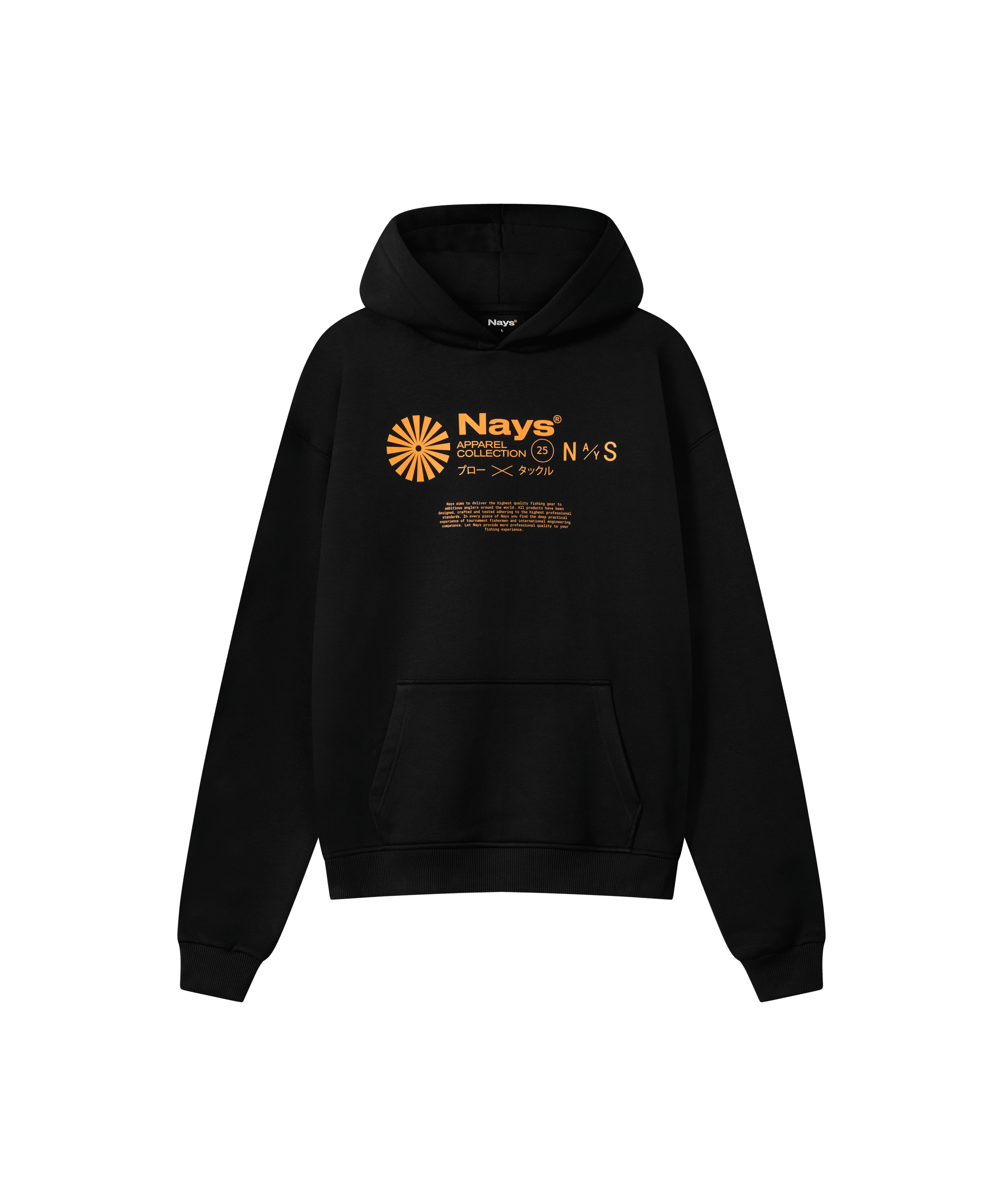 Schwarzer Kapuzen-pullover mit kontrastreichen Prints in einem leuchtenden Orange. Man erkenn ein rundes, sonnenartiges Symbol und daneben tonale Nays Logo Schriftzüge.