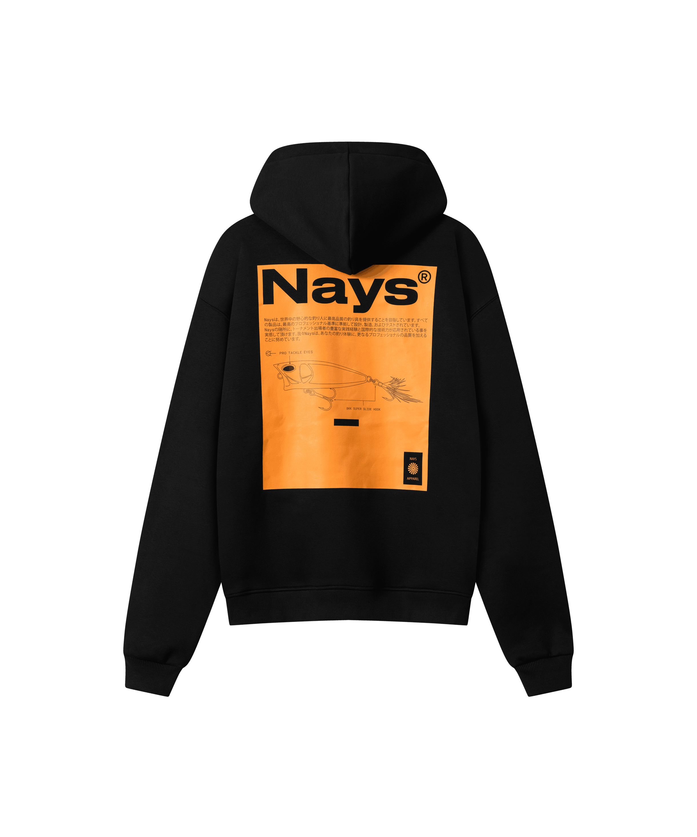 Ein schwarzer Kapuzenpullover mit großem Rückenprint in Orange. Der Print zeigt den deutlich erkennbaren „NAYS“-Schriftzug sowie die grafische Silhouette des Oberflächenköders „TOP GUN“.