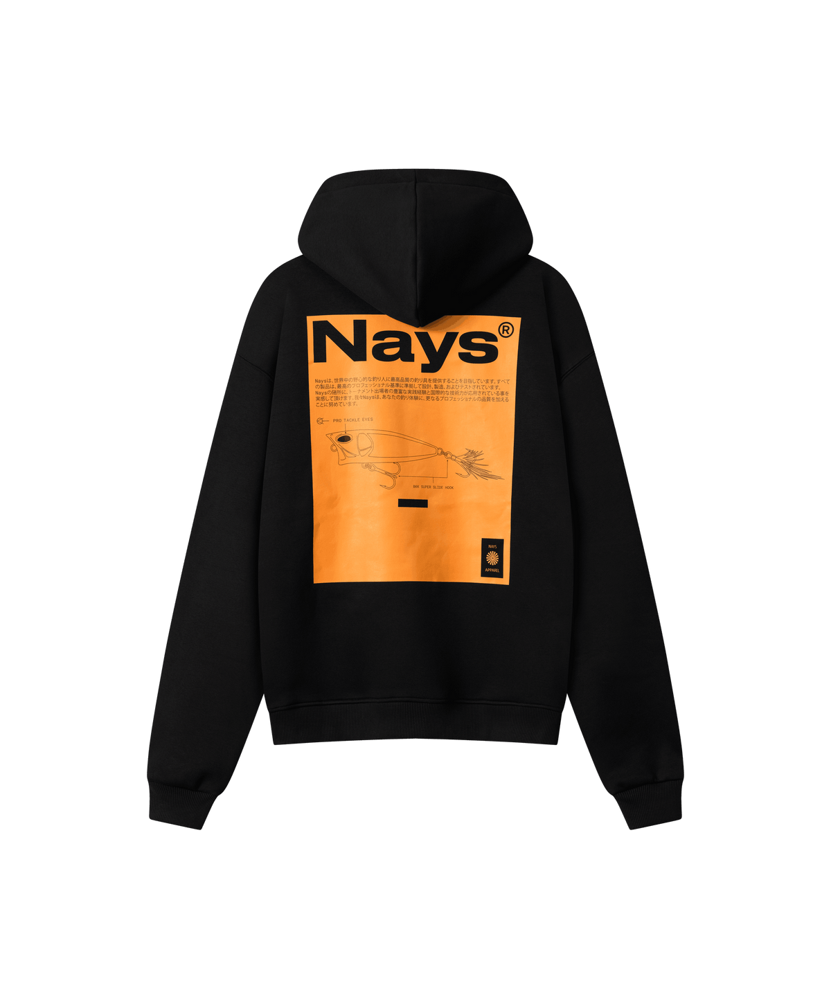 Ein schwarzer Kapuzenpullover mit großem Rückenprint in Orange. Der Print zeigt den deutlich erkennbaren „NAYS“-Schriftzug sowie die grafische Silhouette des Oberflächenköders „TOP GUN“.