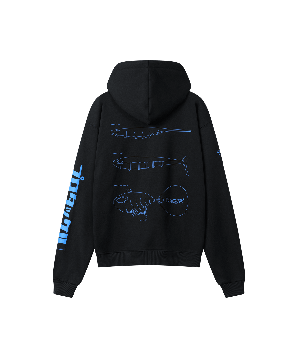 Rückanischt des Range Hoodies in schwarz, er ist locker geschnitten und hat einen großen blauen Rücken-Print. Der Print zeige drei bekannte Nays-Köder-Silhouetten.