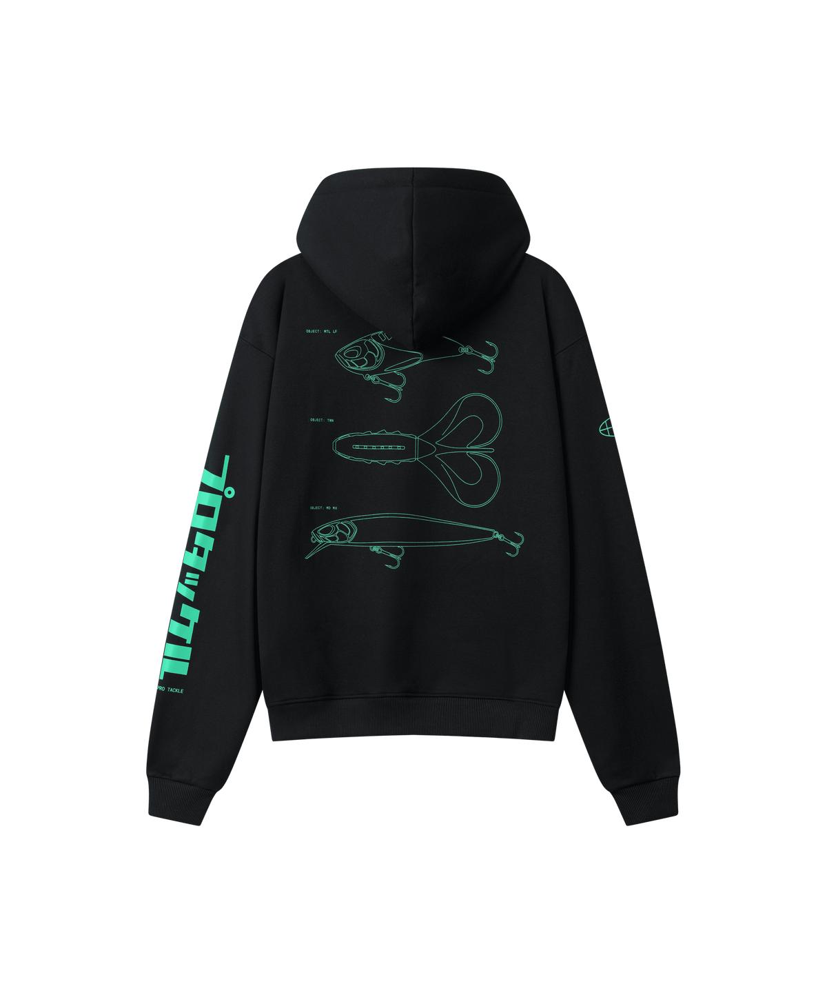 Rückanischt des Range 2.0 Hoodies in schwarz, er ist locker geschnitten und hat einen großen grünen Rücken-Print. Der Print zeige drei neue Nays-Köder-Silhouetten.