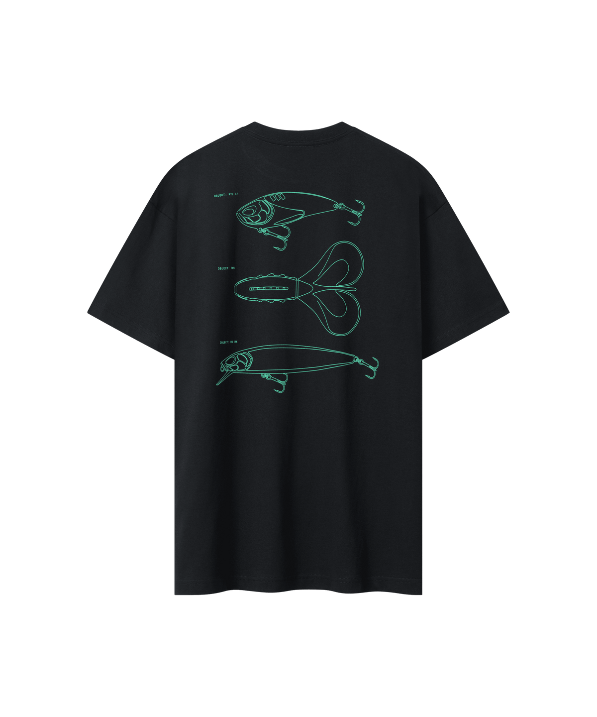 Rückanischt des Range 2.0 T-Shirts in schwarz, es ist locker geschnitten und hat einen großen grünen Rücken-Print. Der Print zeige drei neue Nays-Köder-Silhouetten.