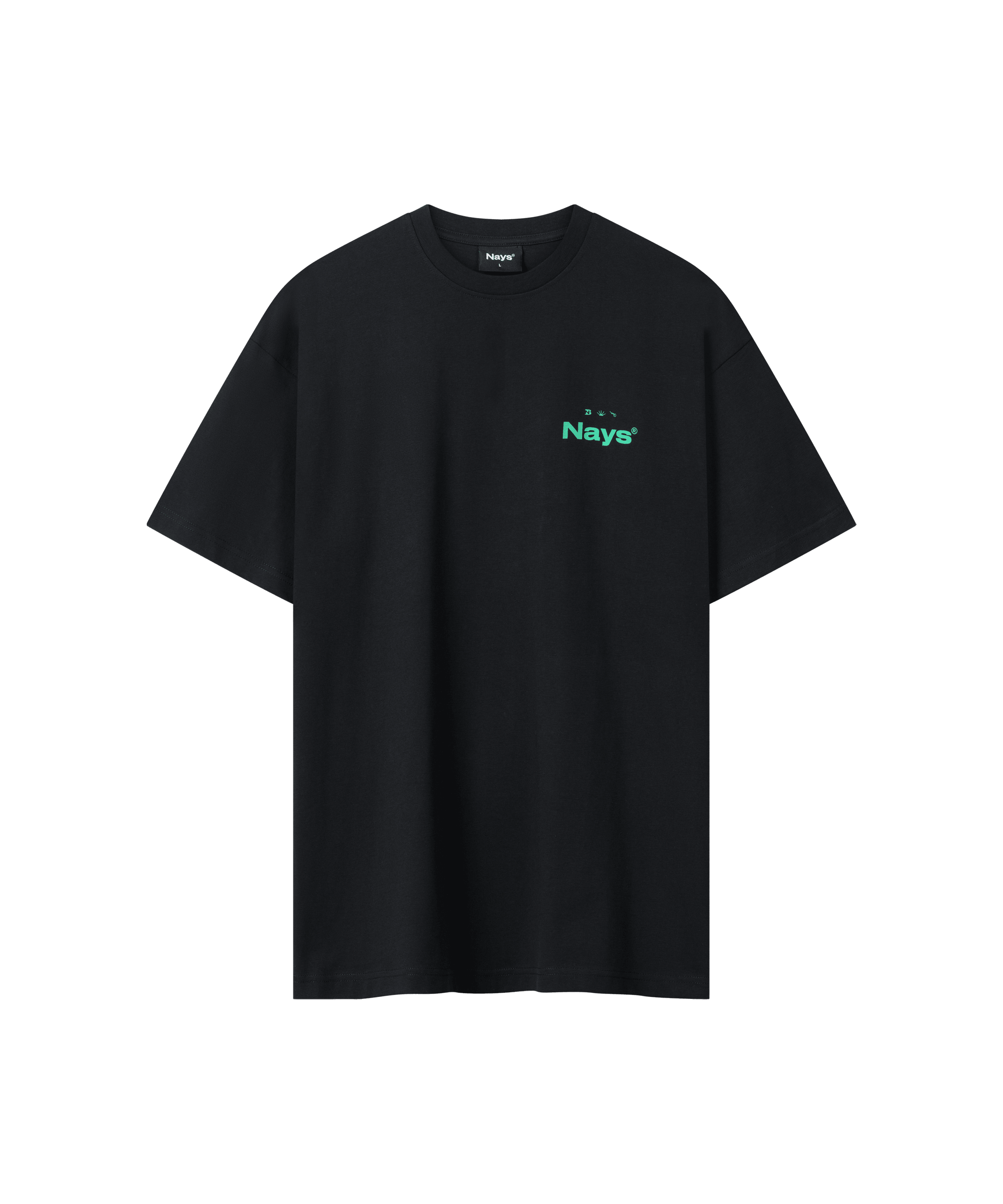 Vorderansicht des Range 2.0 T-Shirts in schwarz, es ist locker geschnitten und hat ein grünes Nays Logo auf der Brust.