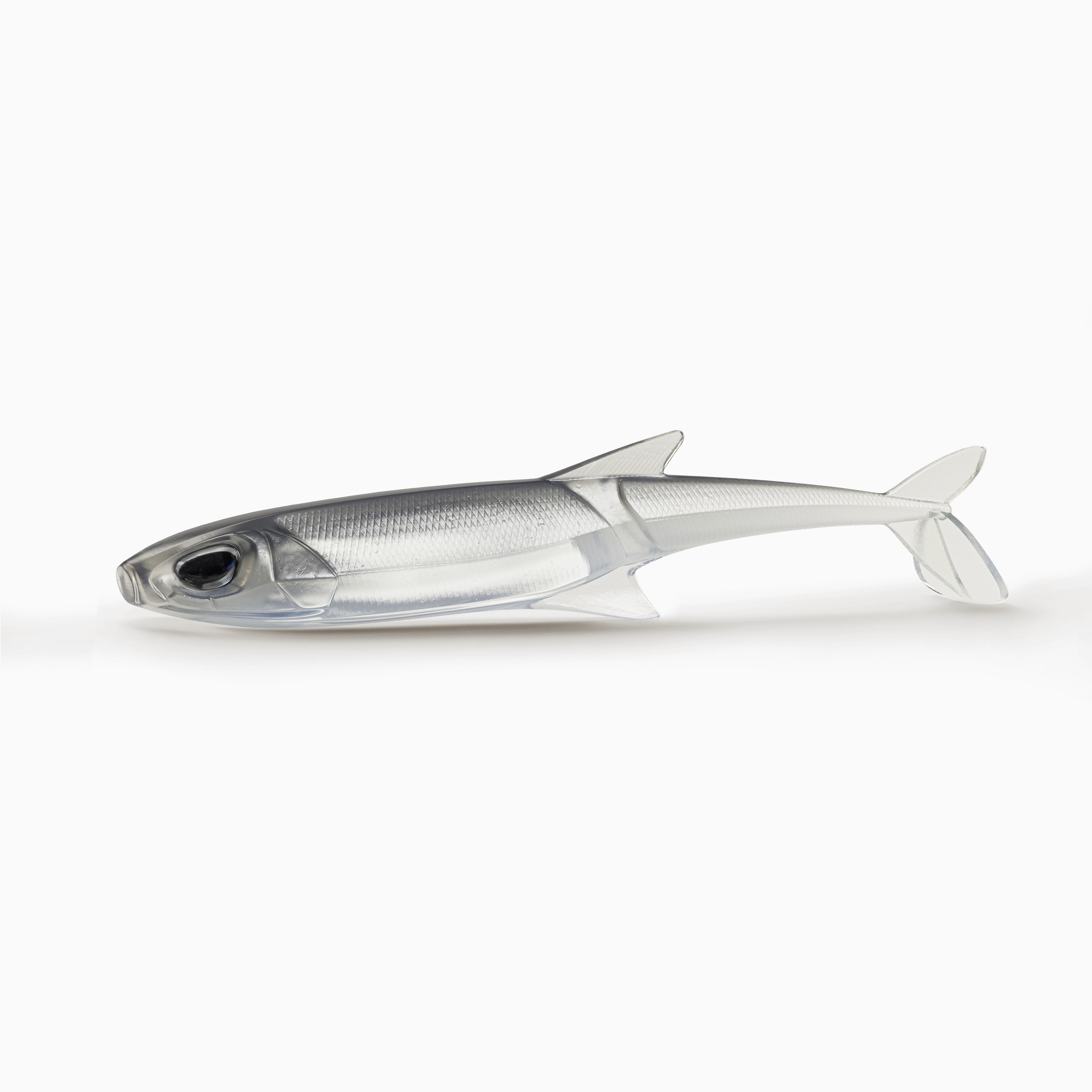 Bild eines realistischen Angel Gummi Köders mit schwarzen Augen für Barsch, Zander und Hecht in semi-transparent silber-grau.