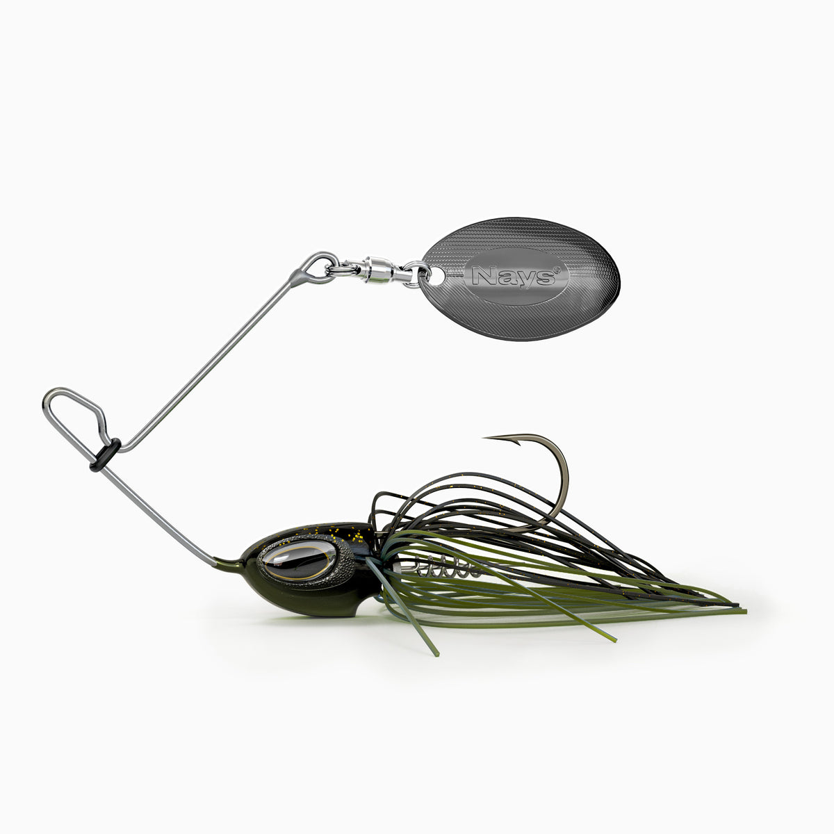 Nays Spinnerbait Angelköder Größe XS in Dunkelgrün-Schwarz (Farbcode H11) mit dunklem Spinnerblatt.