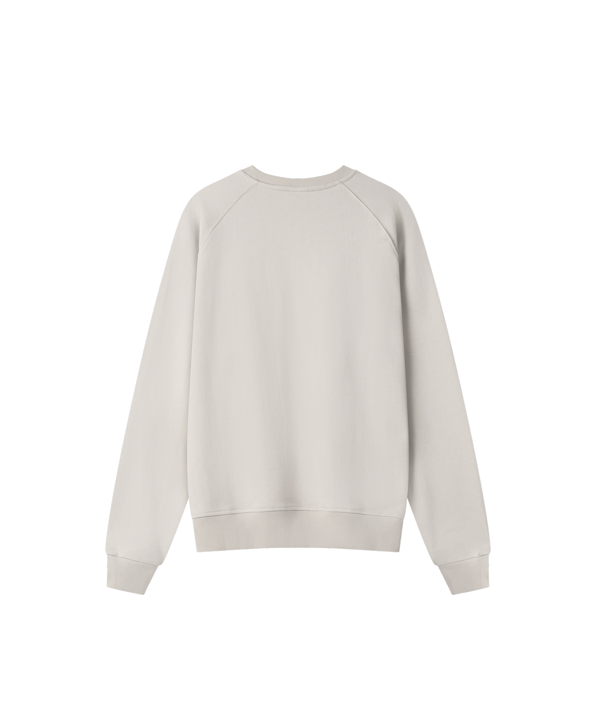 Auf dem Bild ist ein hellgrauer Pullover von hinten zu sehen.