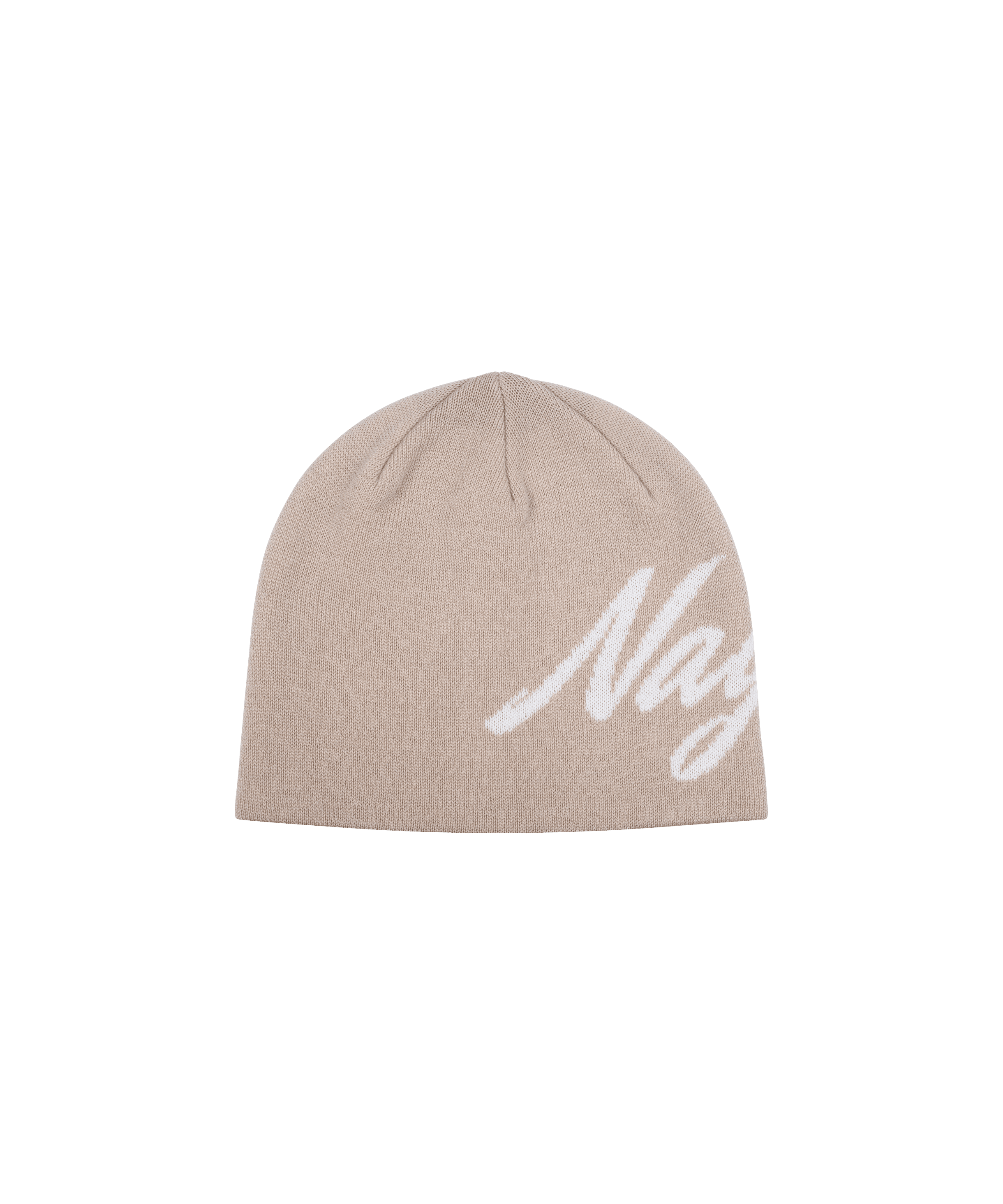 Beige Strickmütze mit weißem Nays-Logo auf freigestelltem Hintergrund.