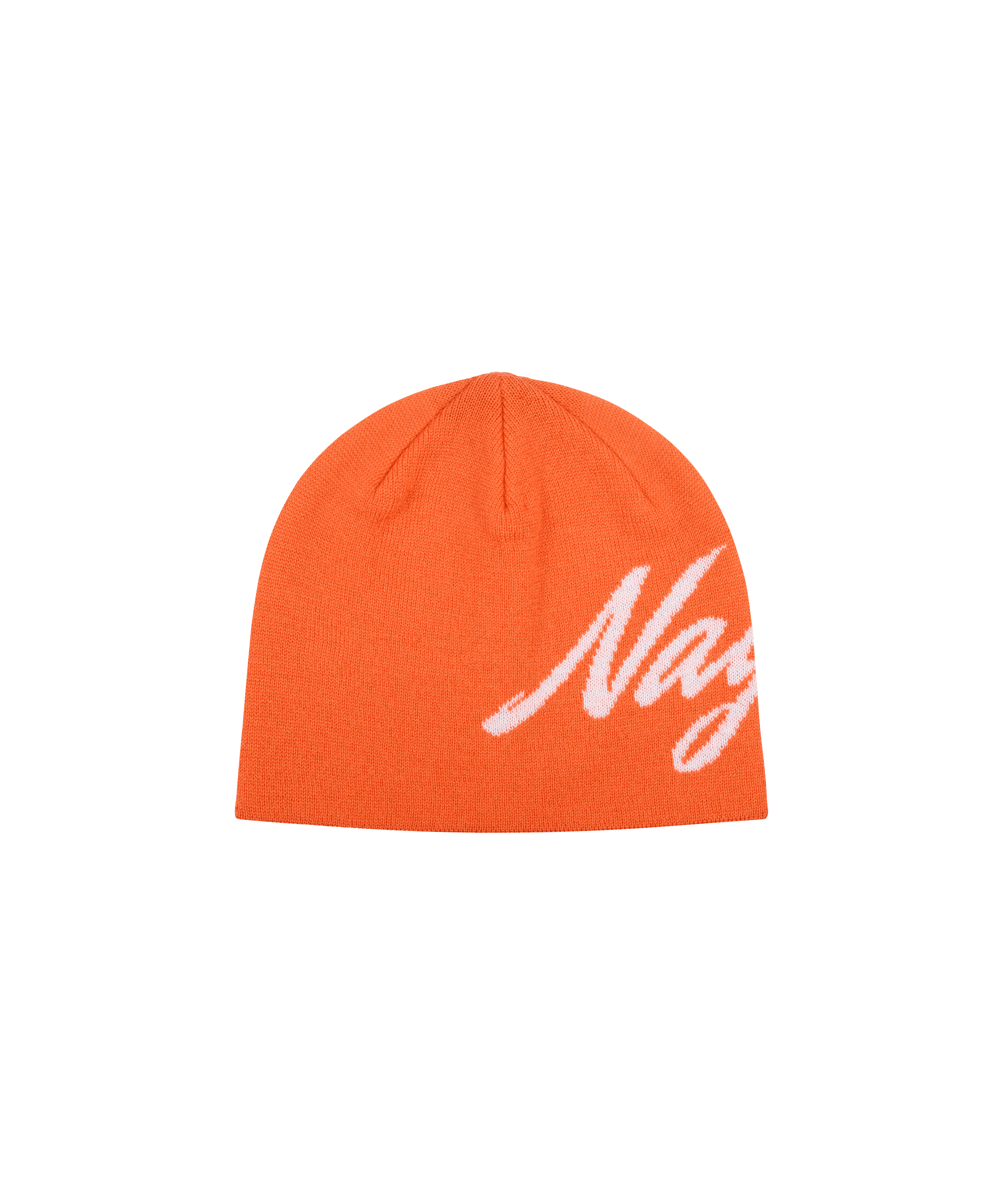 Orange-farbige Strickmütze mit weißem Nays-Logo auf freigestelltem Hintergrund.