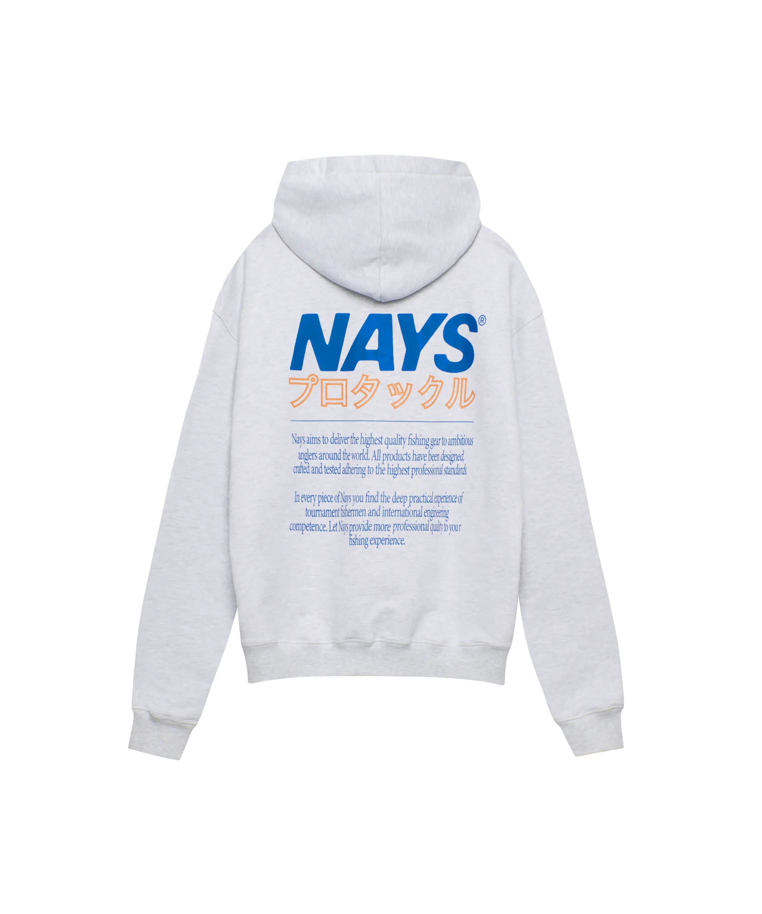 Nays Pro Tackle Kapuzen-Sweatshirt in hell-grau mit großem Back-Print in orange und blau.