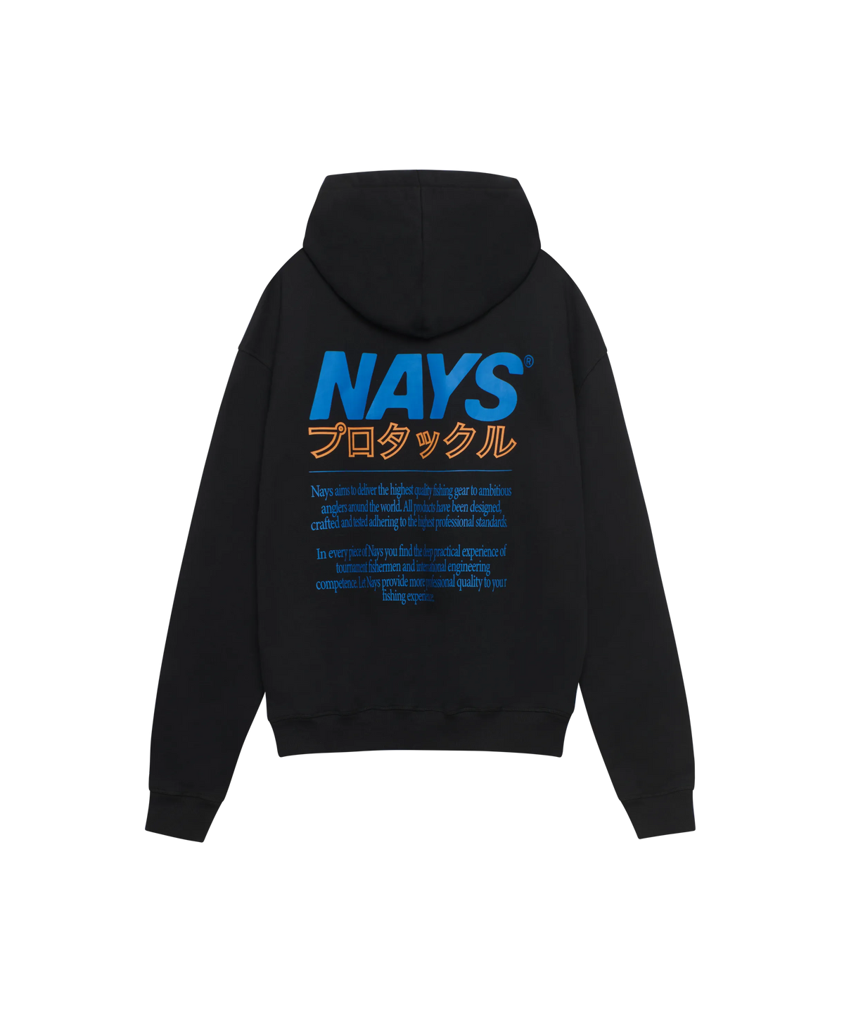 Nays Pro Tackle Kapuzen-Sweatshirt schwarz mit großem Back-Print in orange und blau.