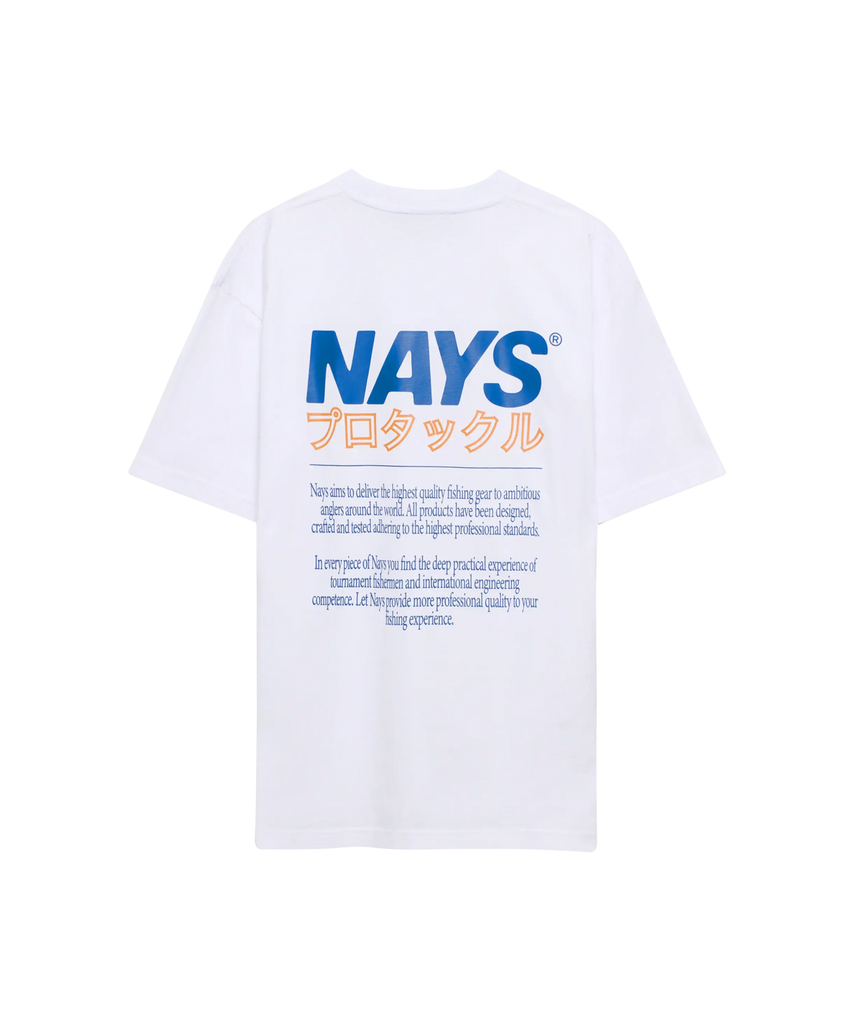 Nays Pro Tackle T-Shirt in weiss mit großem Back-Print in orange und blau.