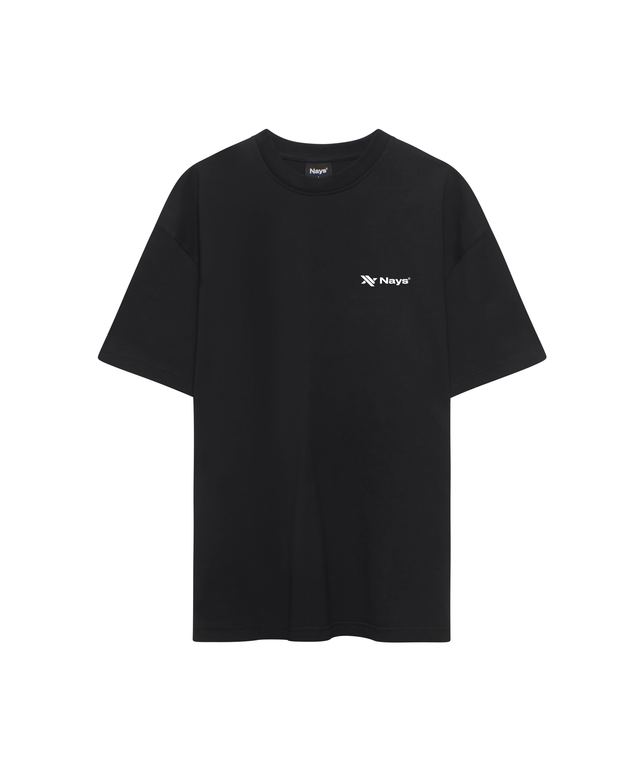 Schwarzes Nays T-Shirt mit weißem Logo-Print auf der Brust.